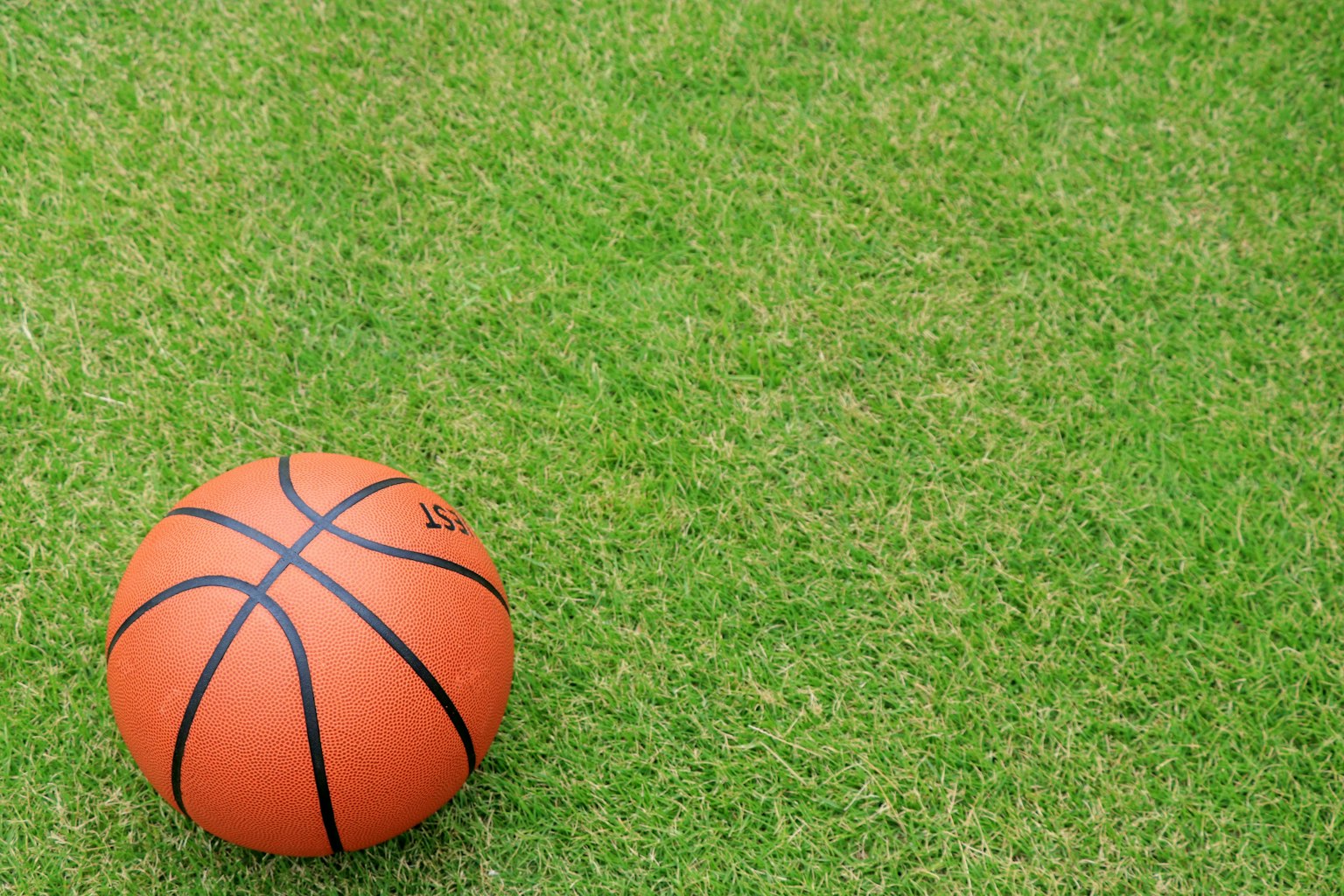 An orange basketball resting on green grass