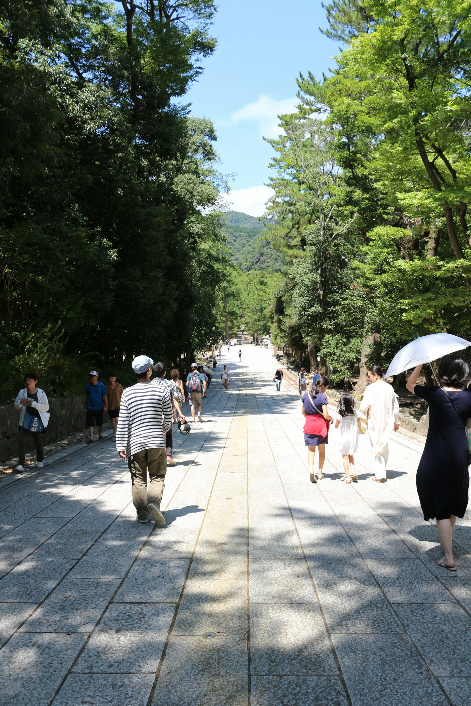 Des touristes marchant sur un chemin bordé d'arbres avec des vêtements traditionnels