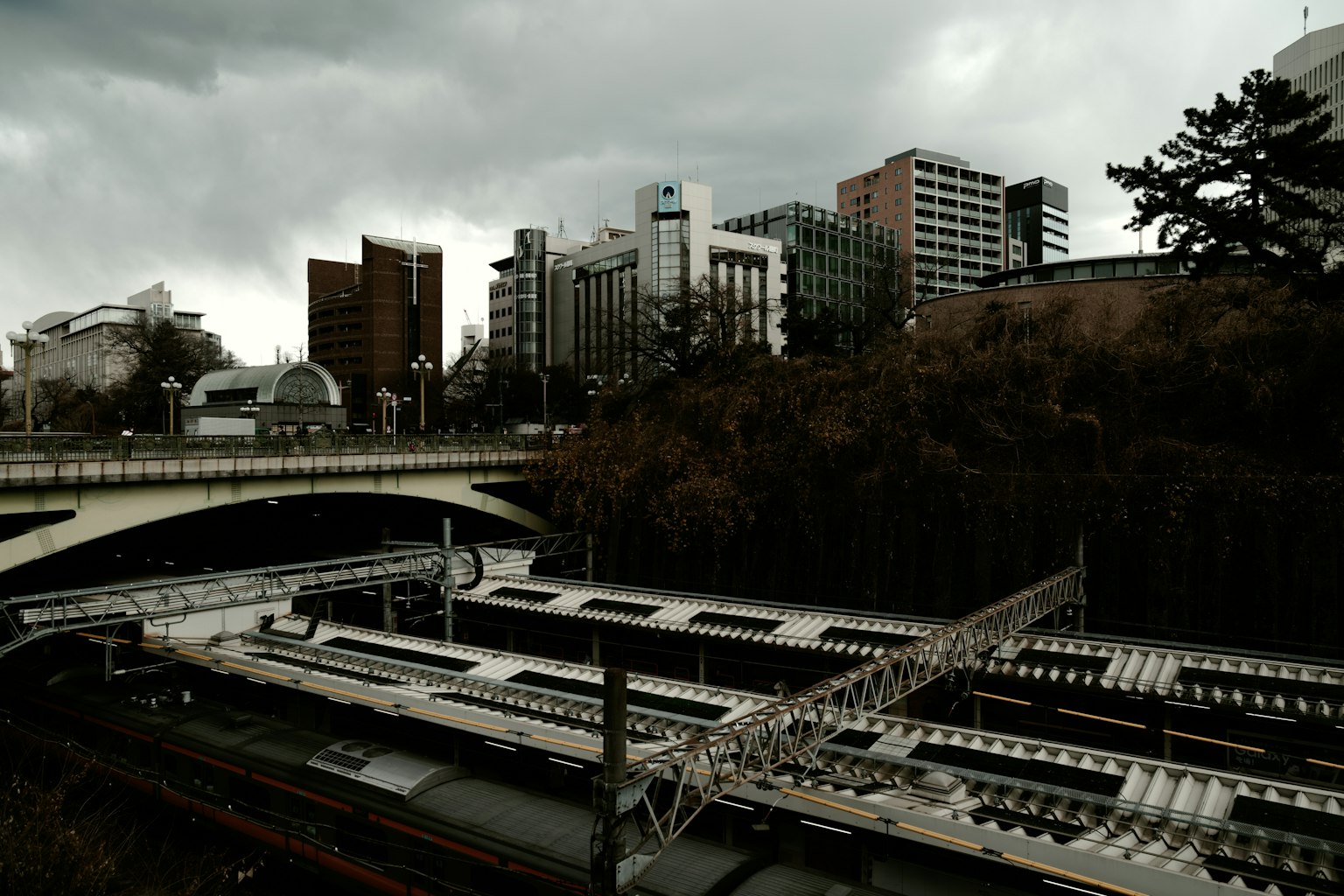 Urban landscape featuring railway tracks and buildings