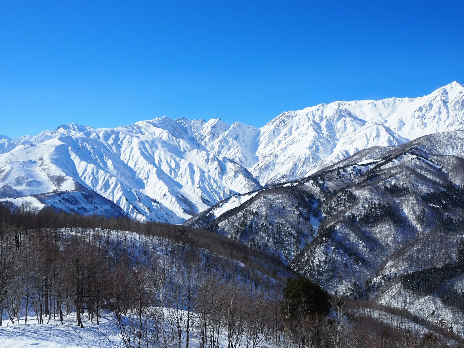 Panoramablick auf schneebedeckte Berge unter klarem blauen Himmel