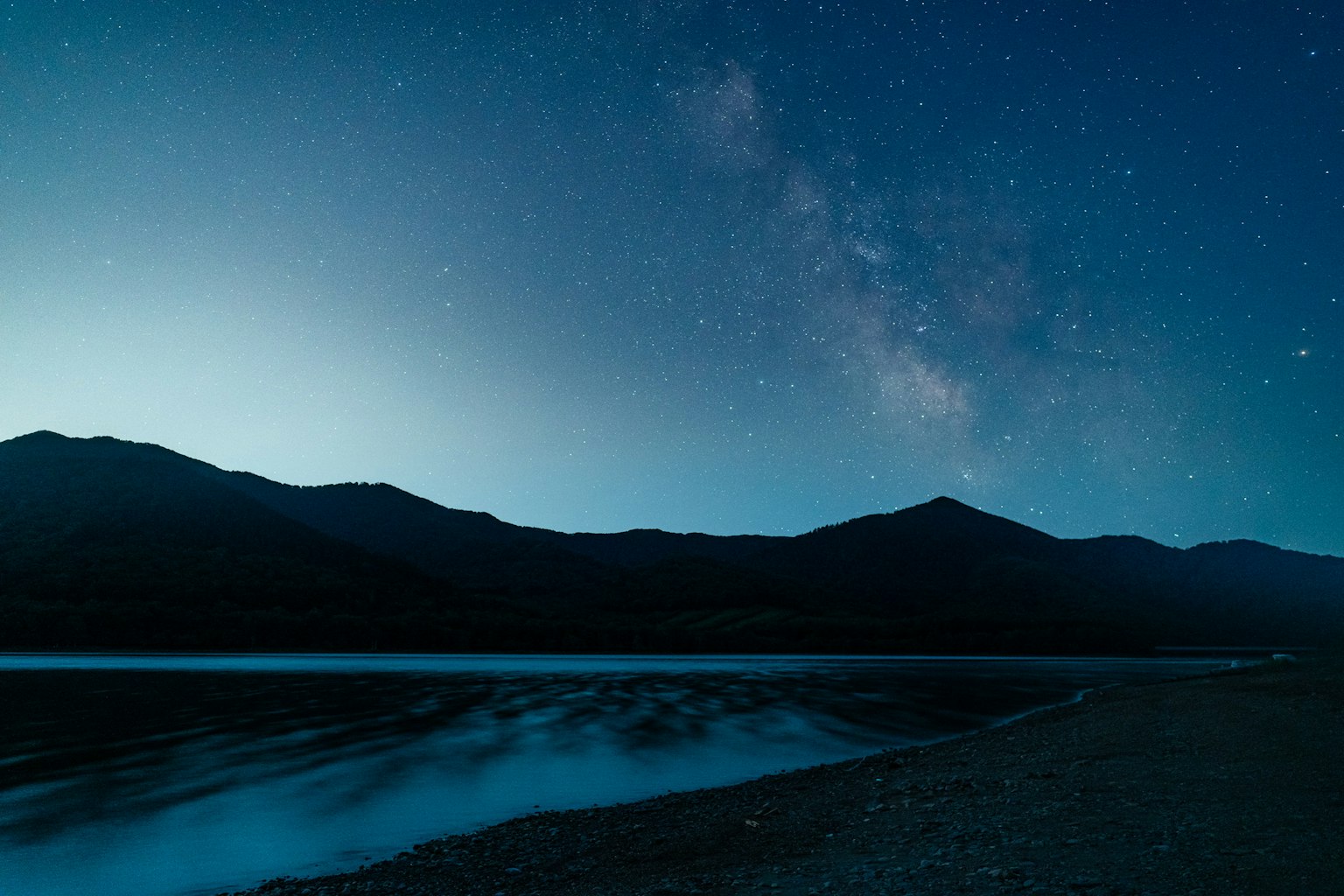 A serene lake scene with the Milky Way visible in the night sky and dark mountains