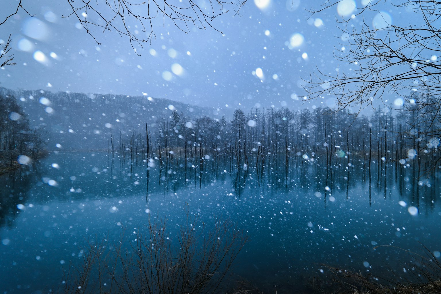 Escena tranquila del lago con nieve cayendo