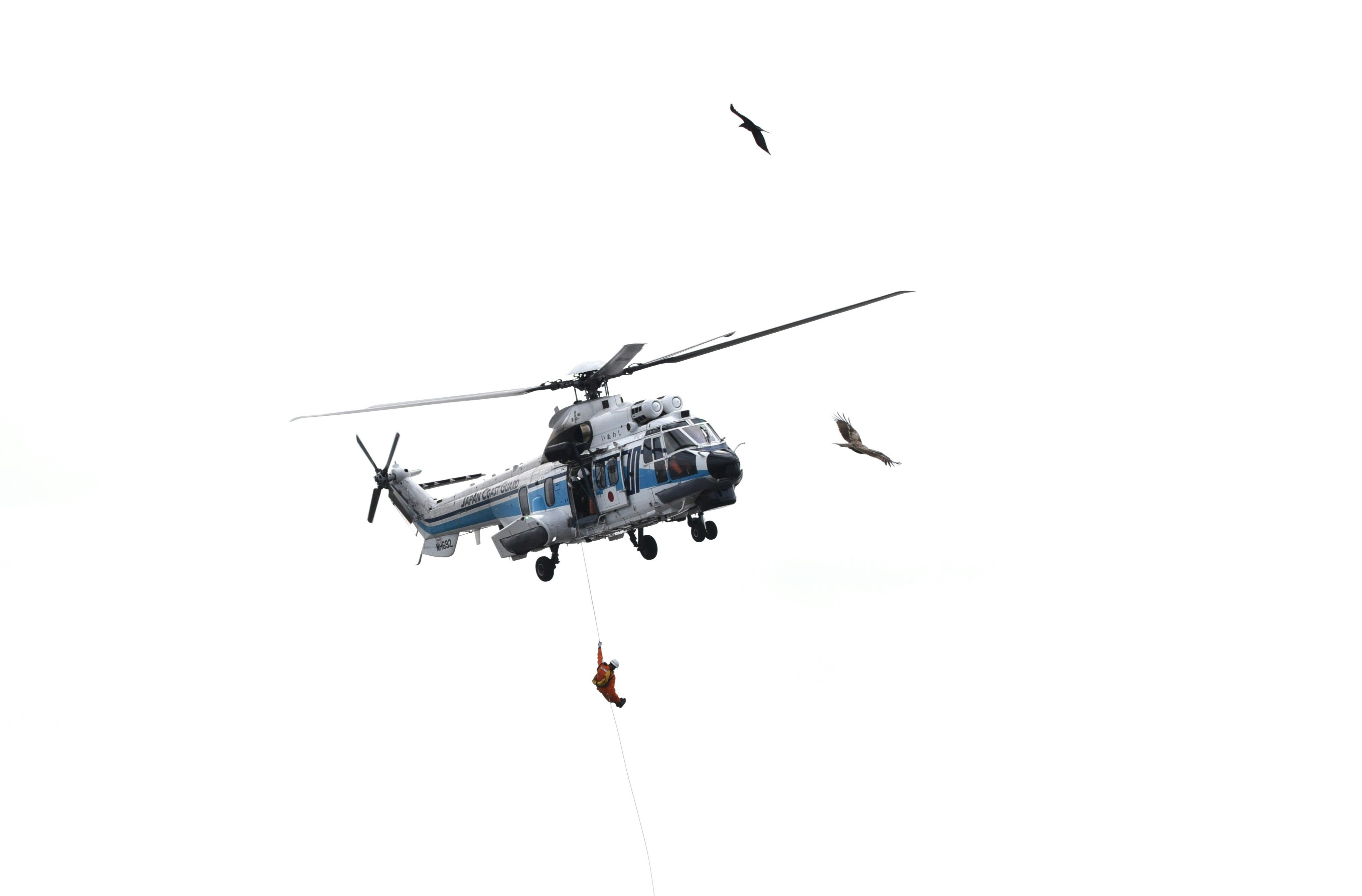 Helicopter and rescuers descending during a maritime rescue drill