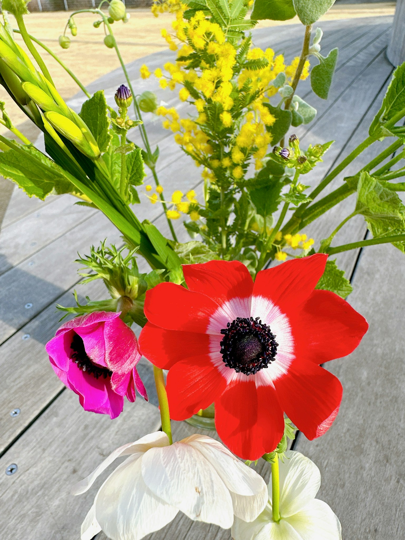 Một bó hoa đầy màu sắc với hoa anemone đỏ rực và hoa trắng