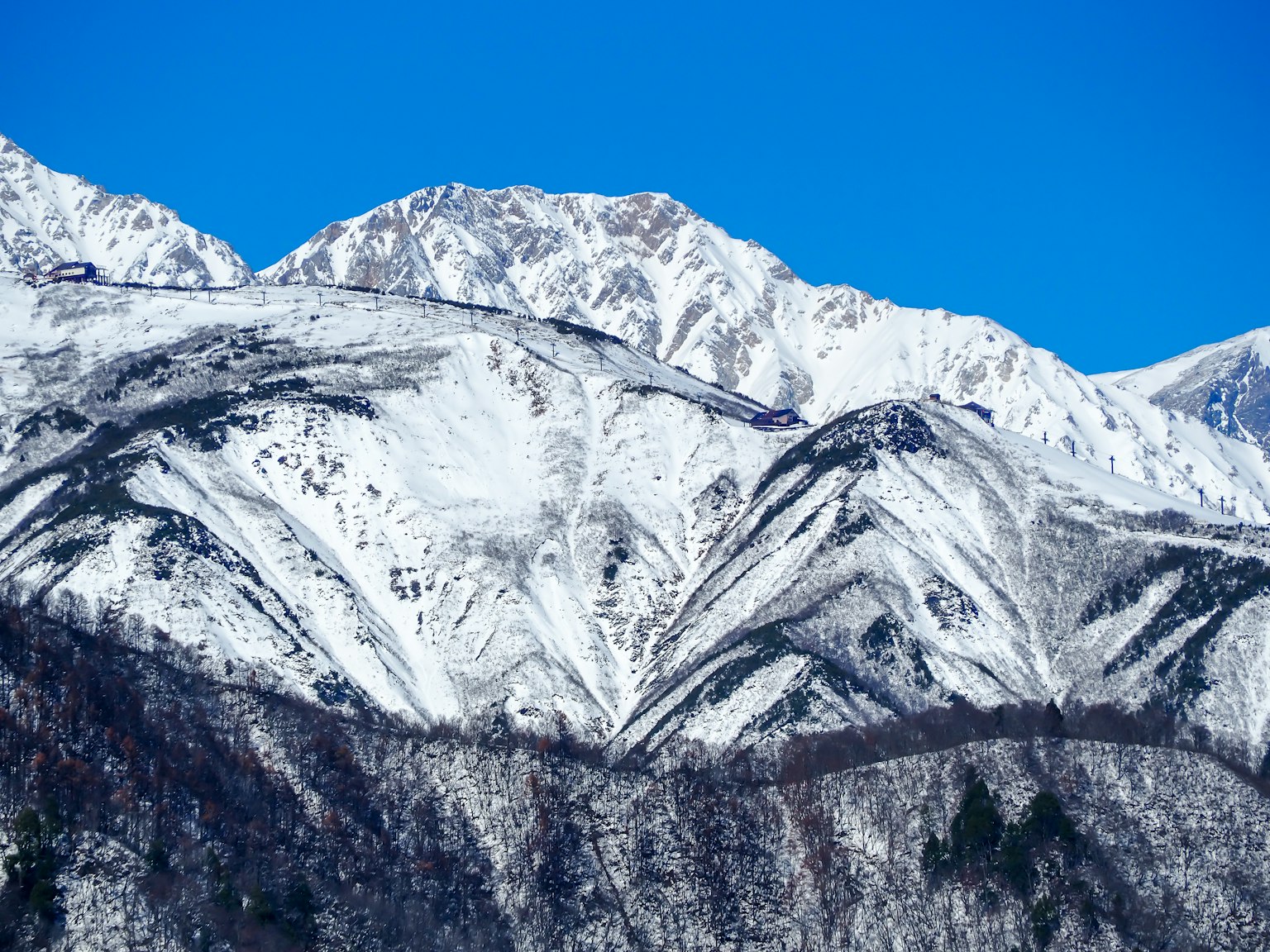 Paysage magnifique de montagnes enneigées contre un ciel bleu clair