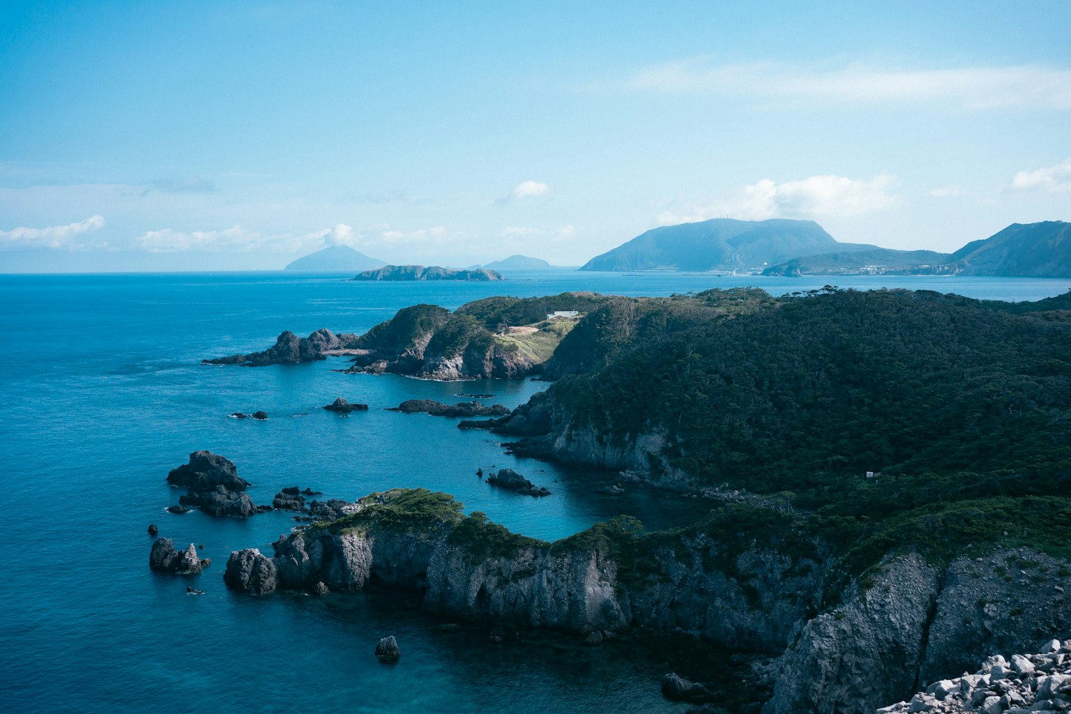 藍色海洋和綠色山丘的風景