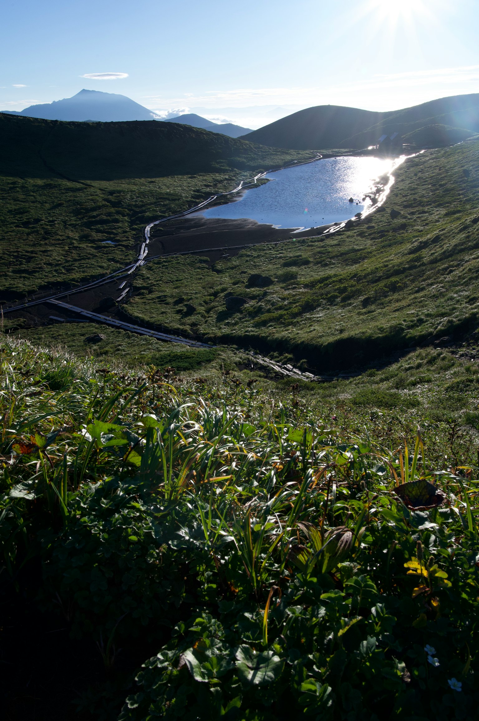 Un lago sereno circondato da una vegetazione lussureggiante e montagne sullo sfondo