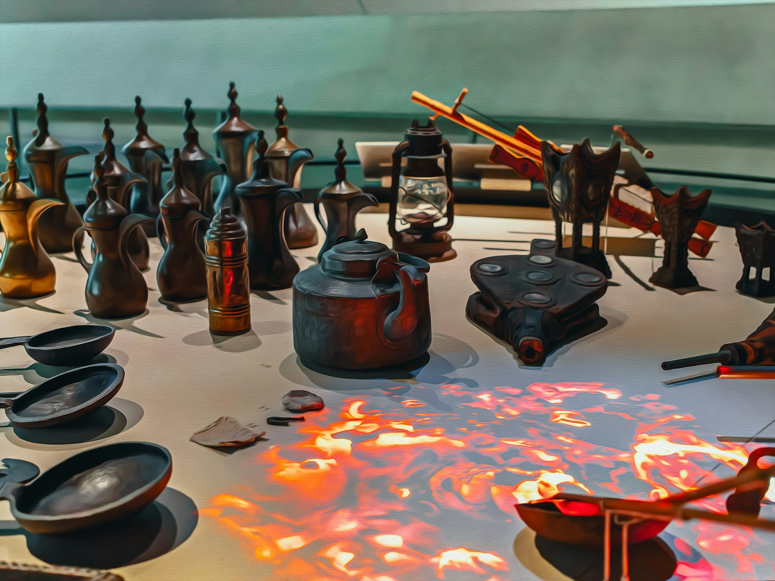 Still life of various metal utensils arranged on a table