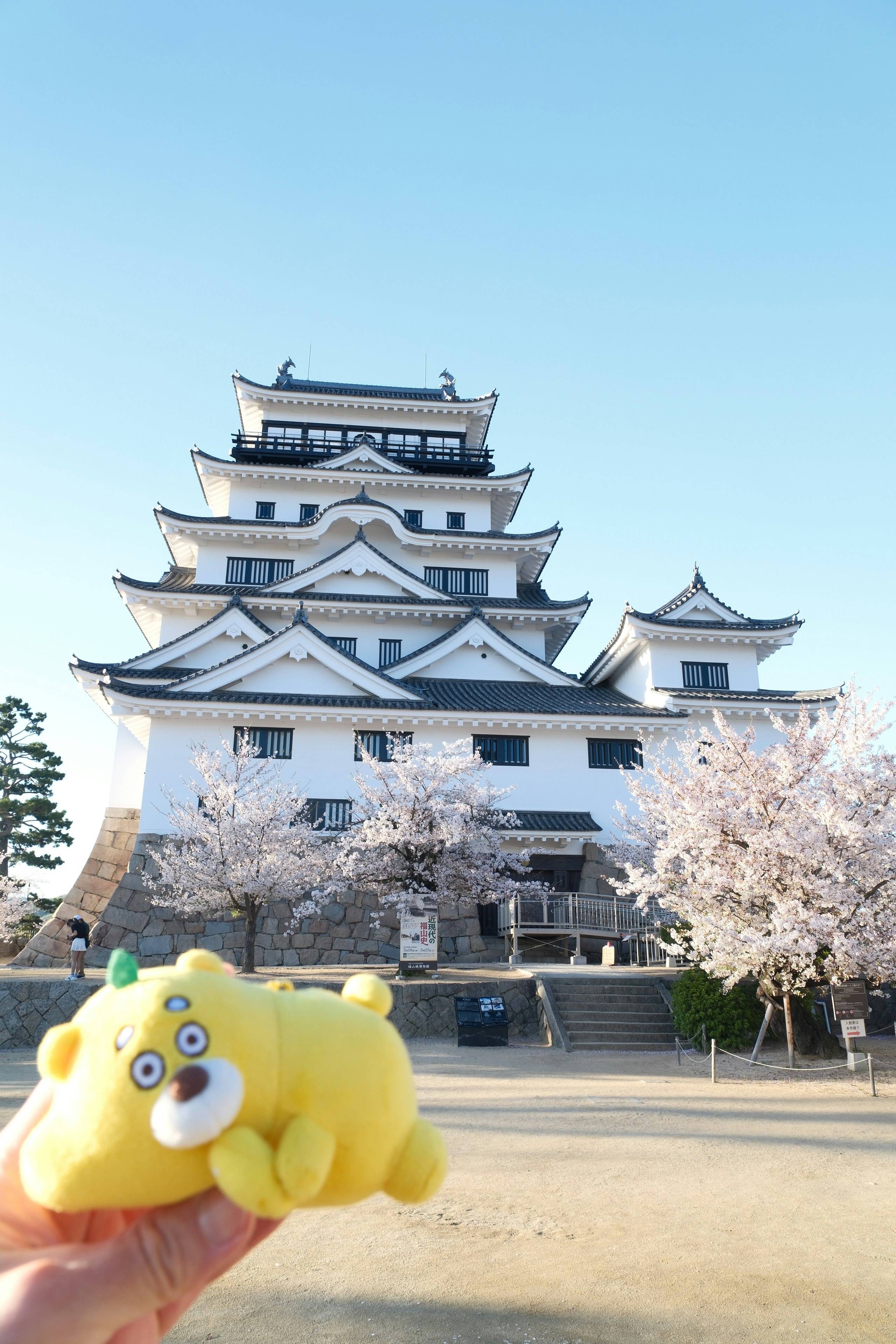 福山城の前で桜が咲く青空の下、ぬいぐるみを手にした風景