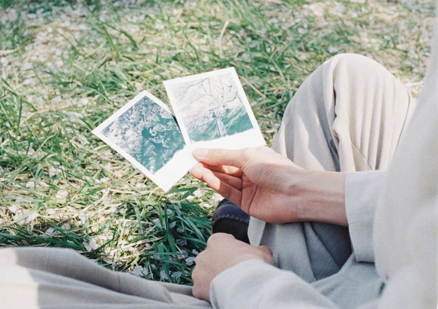 一個坐在草地上的人手裡拿著兩張照片