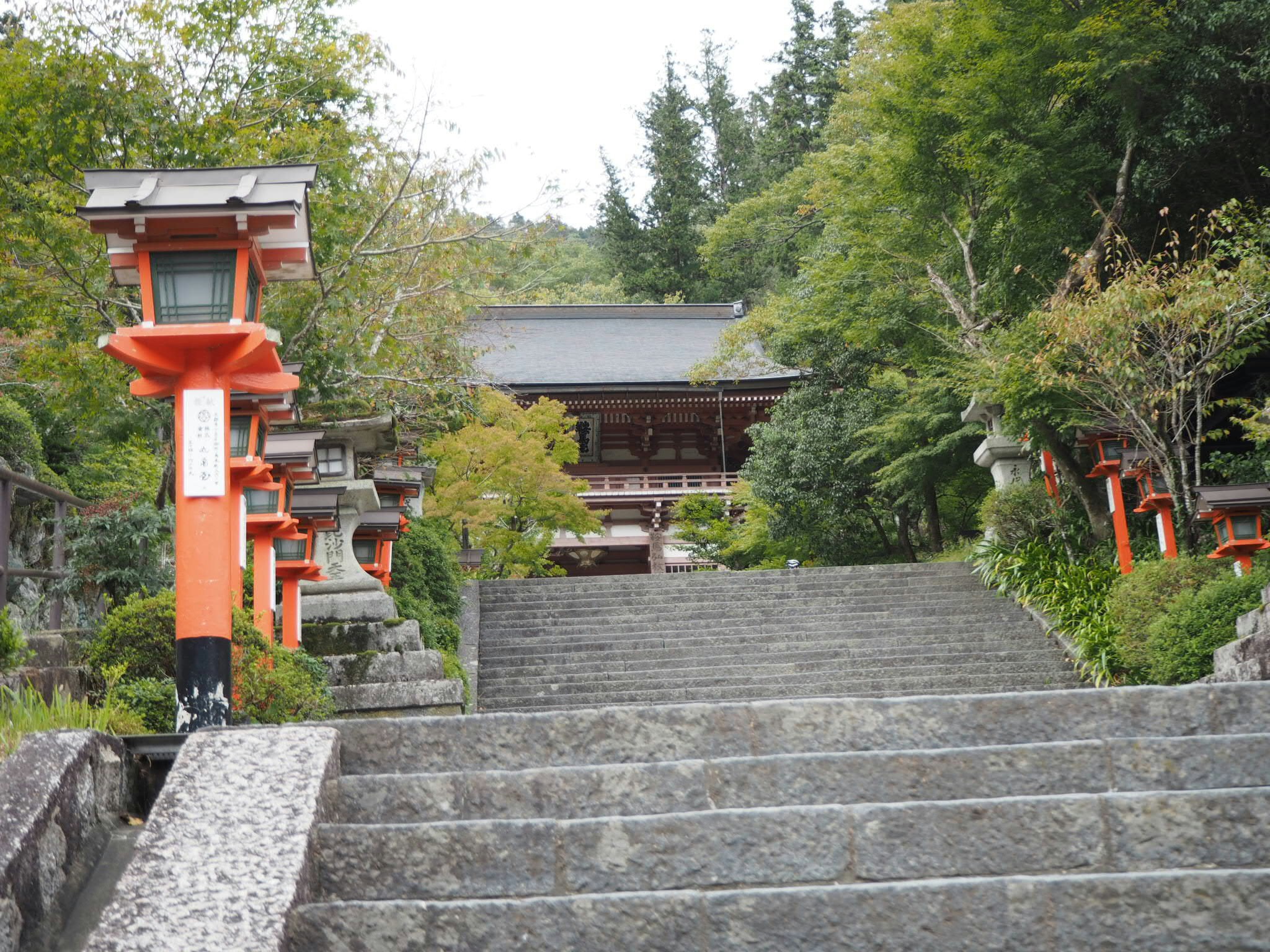 Cổng torii màu đỏ và bậc thang đá dẫn lối vào ngôi đền