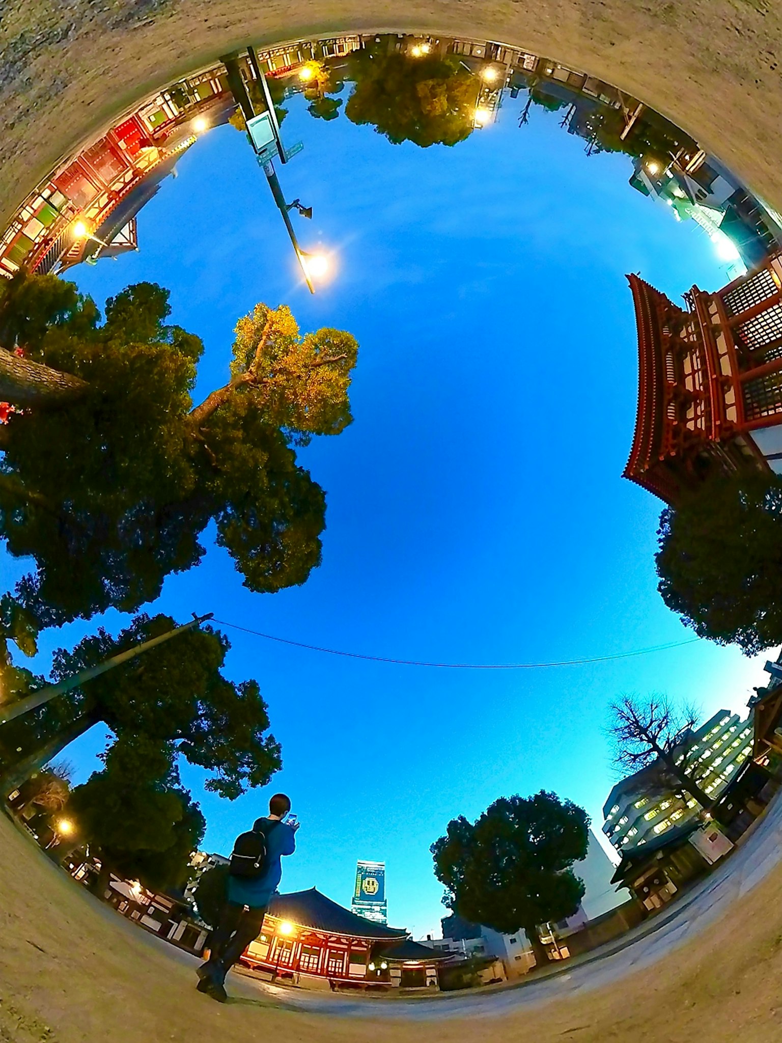 Una vista panoramica con cielo blu alberi verdi e un cancello di santuario rosso