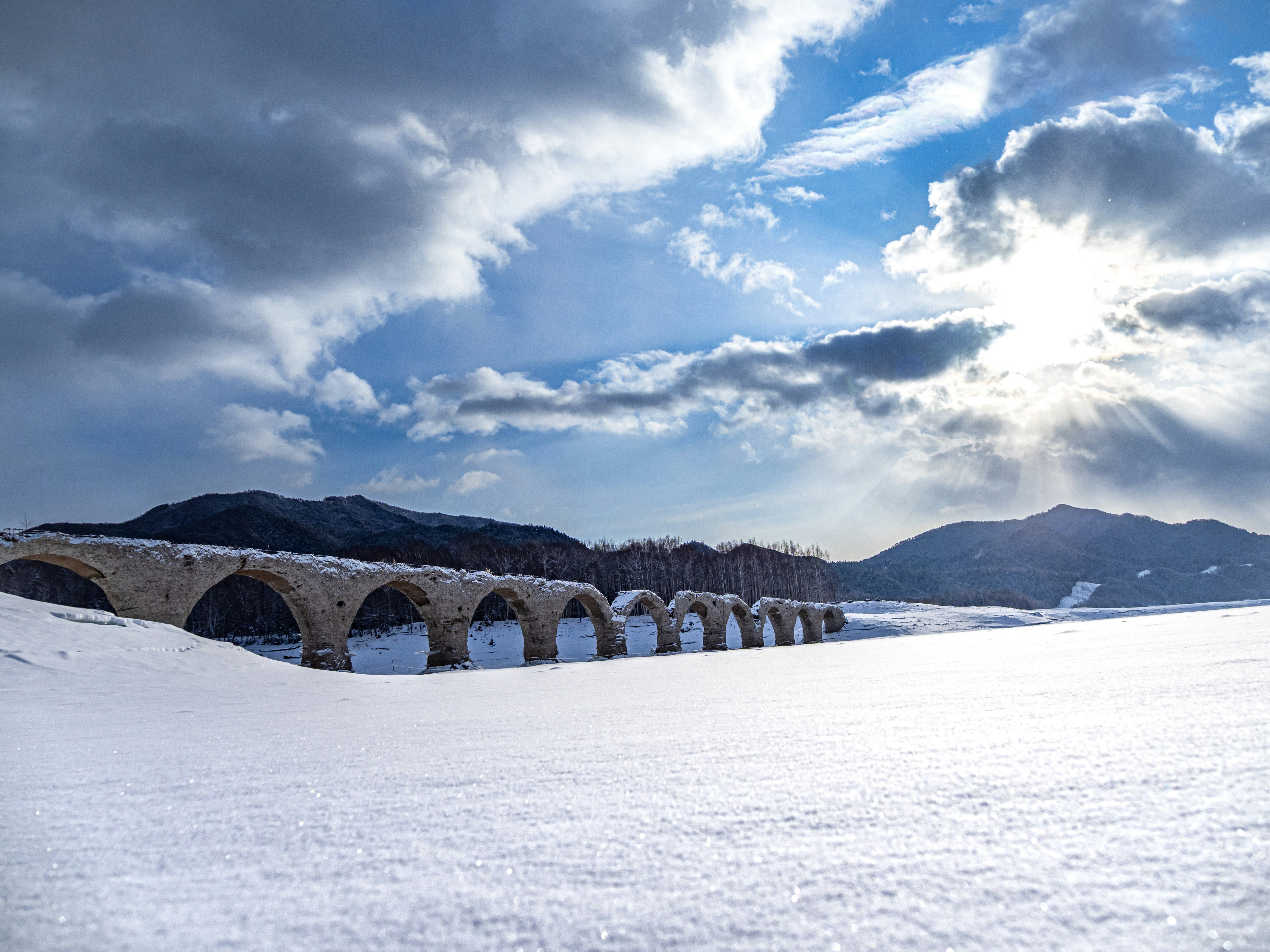 厳冬の雪原に架かる糠平湖のタウシュベツ川橋梁