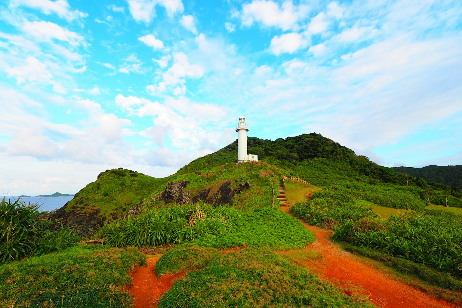White lighthouse on a green hill under a blue sky