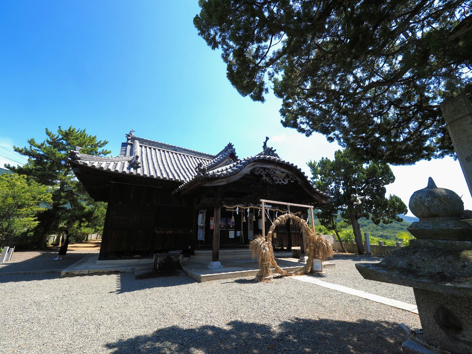 Traditional Japanese shrine exterior Wooden architecture with blue sky background