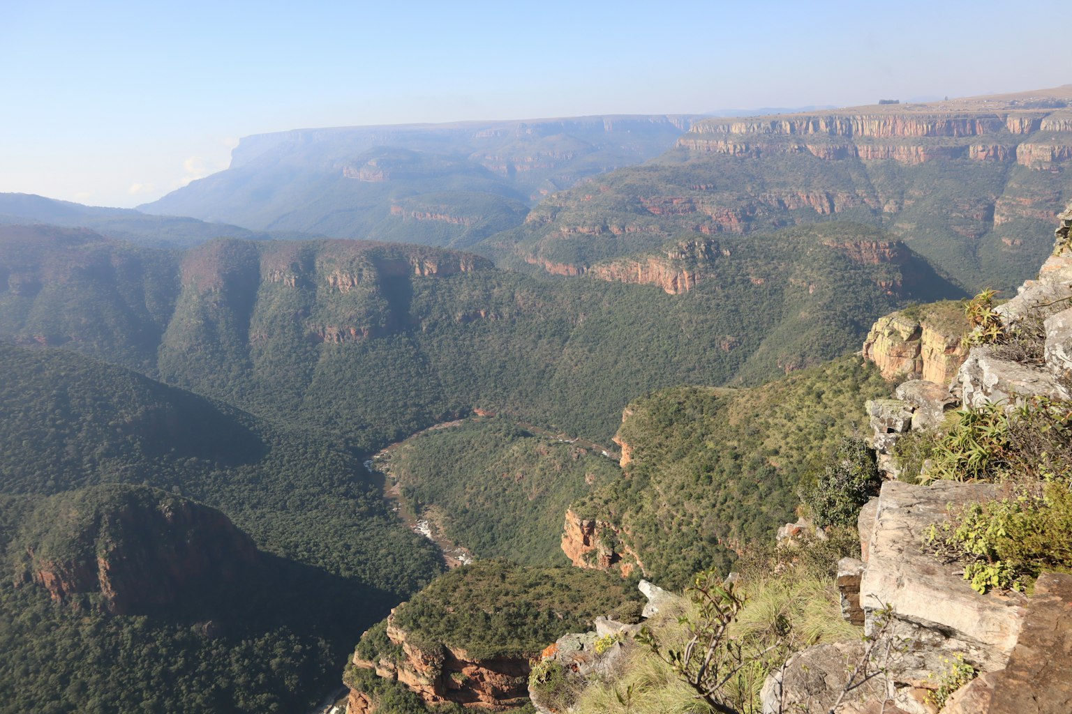 Vista ampia di un canyon e montagne Vegetazione lussureggiante e cielo blu chiaro