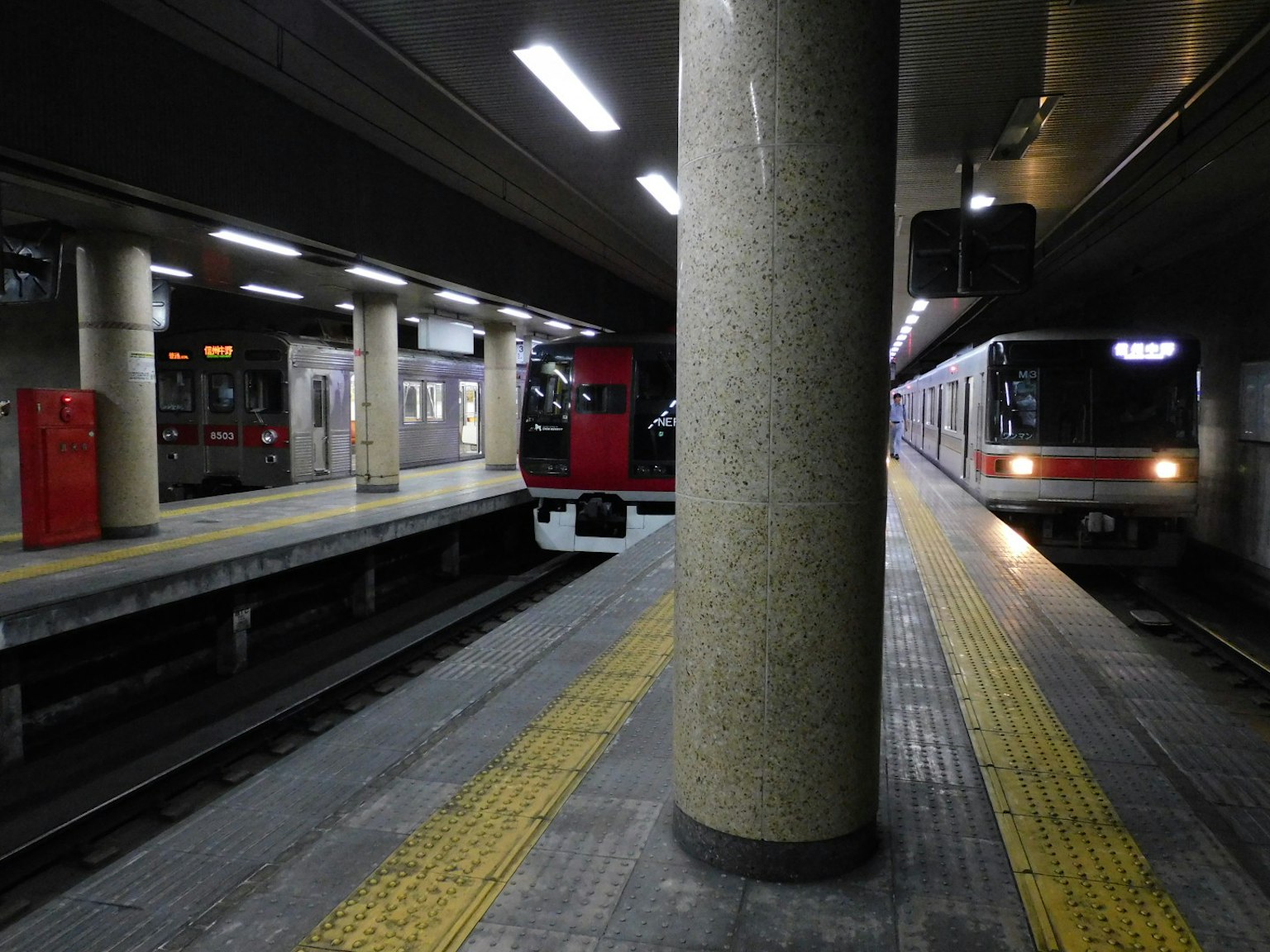 Deux trains sur un quai de station de métro avec une colonne