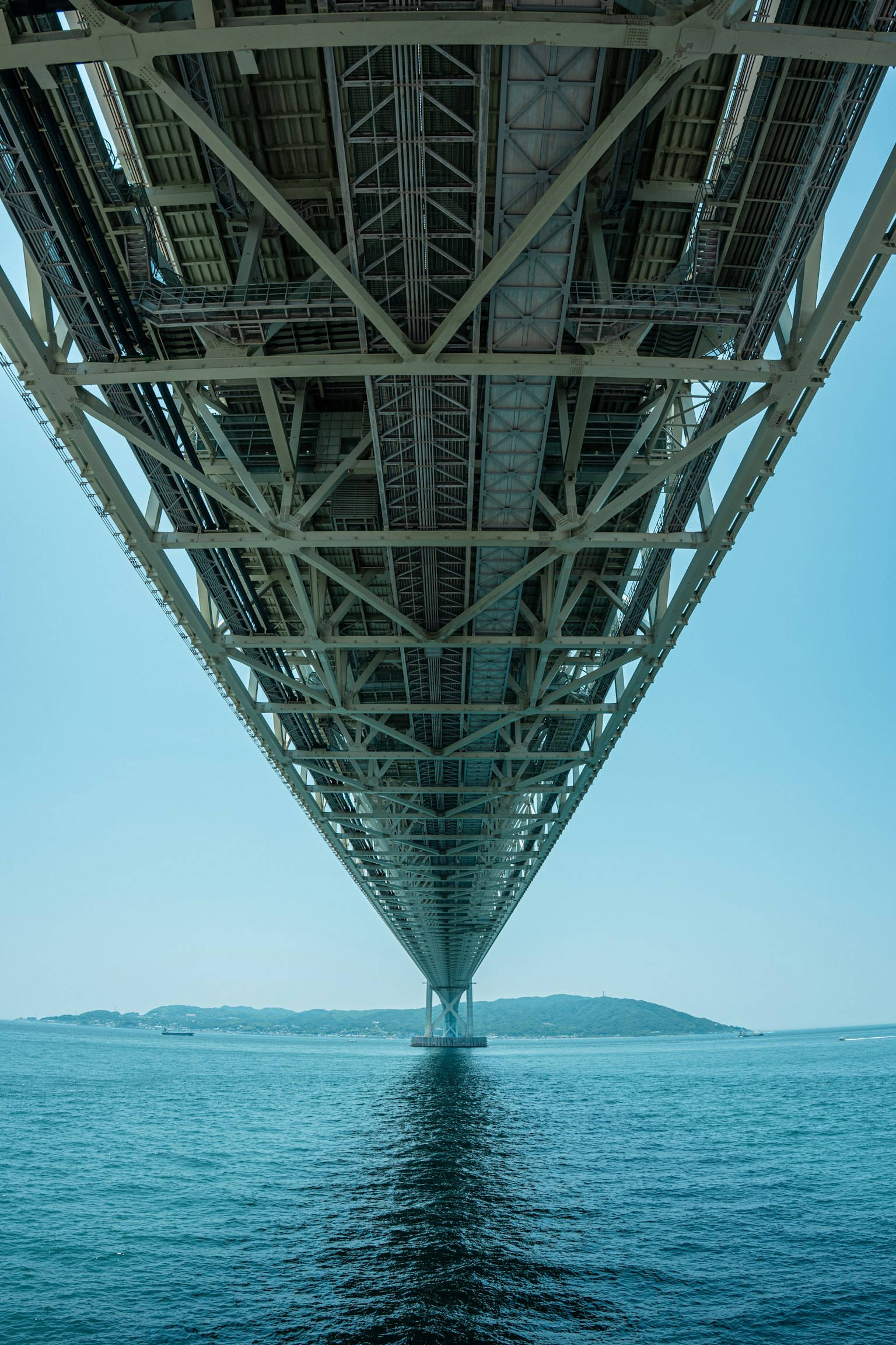 Strukturelle Ansicht einer Brücke von unten mit Wasserreflexionen