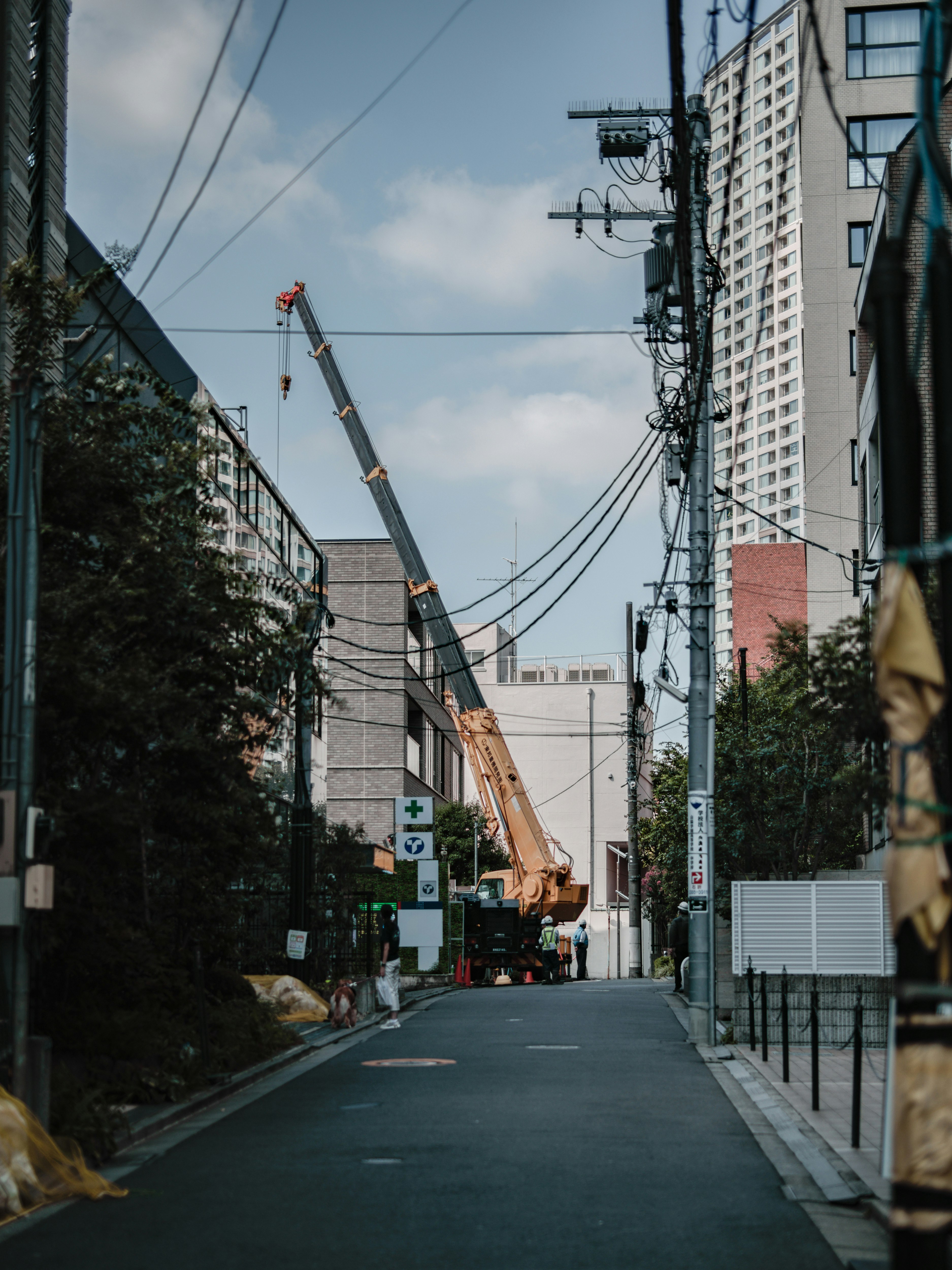 クレーンのブームが伸びる都市の街路風景