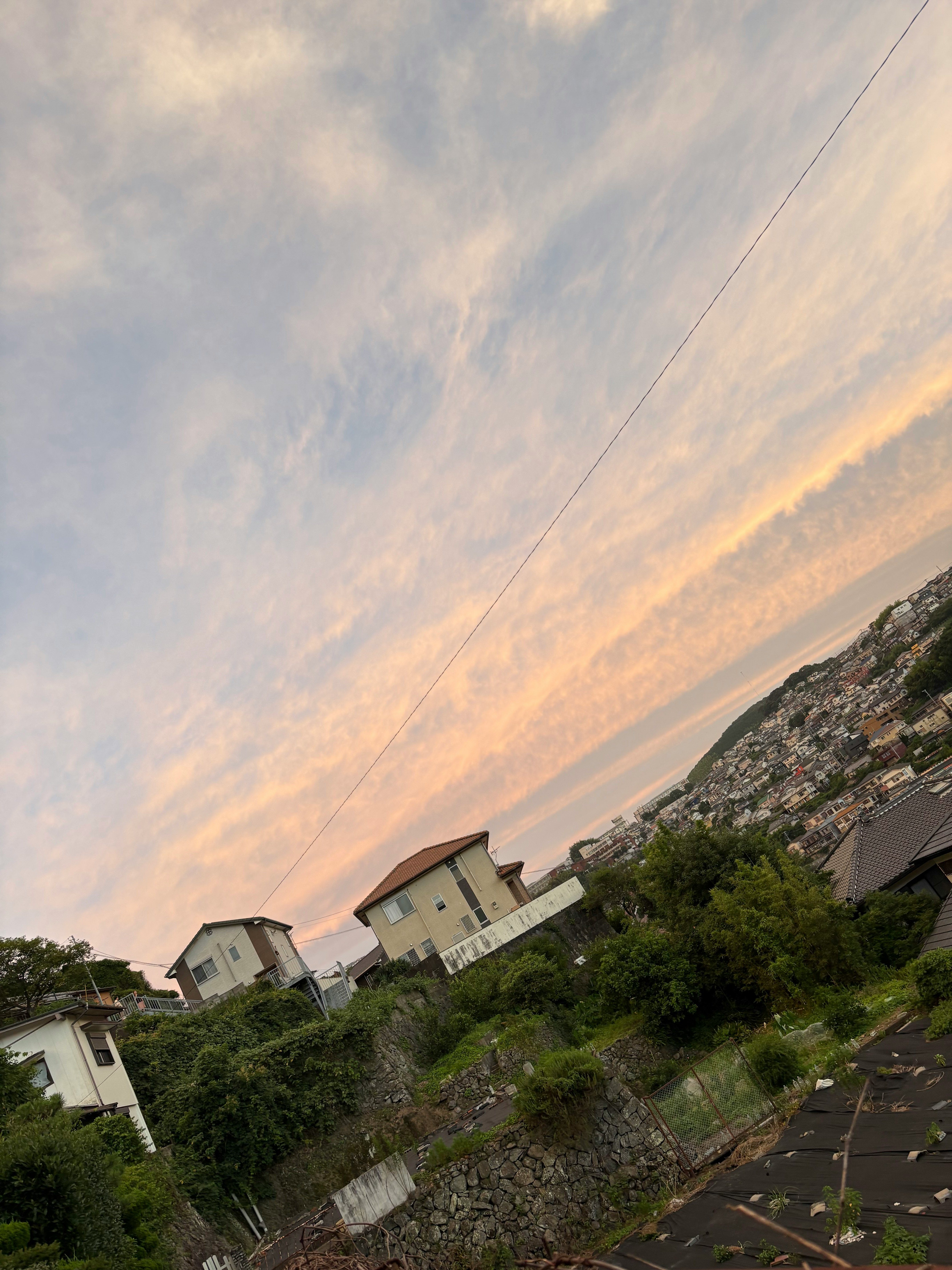 夕暮れの丘陵地に建つ家々と海沿いの景色