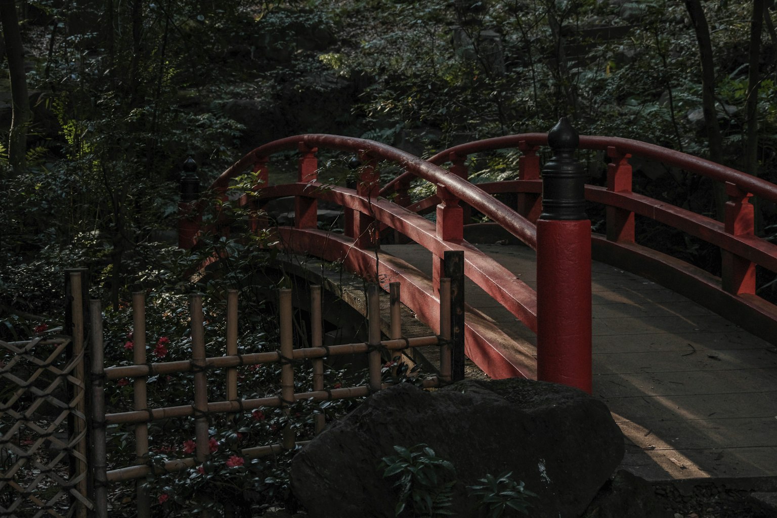 Jembatan merah melengkung di atas pemandangan hijau yang subur dengan pagar bambu