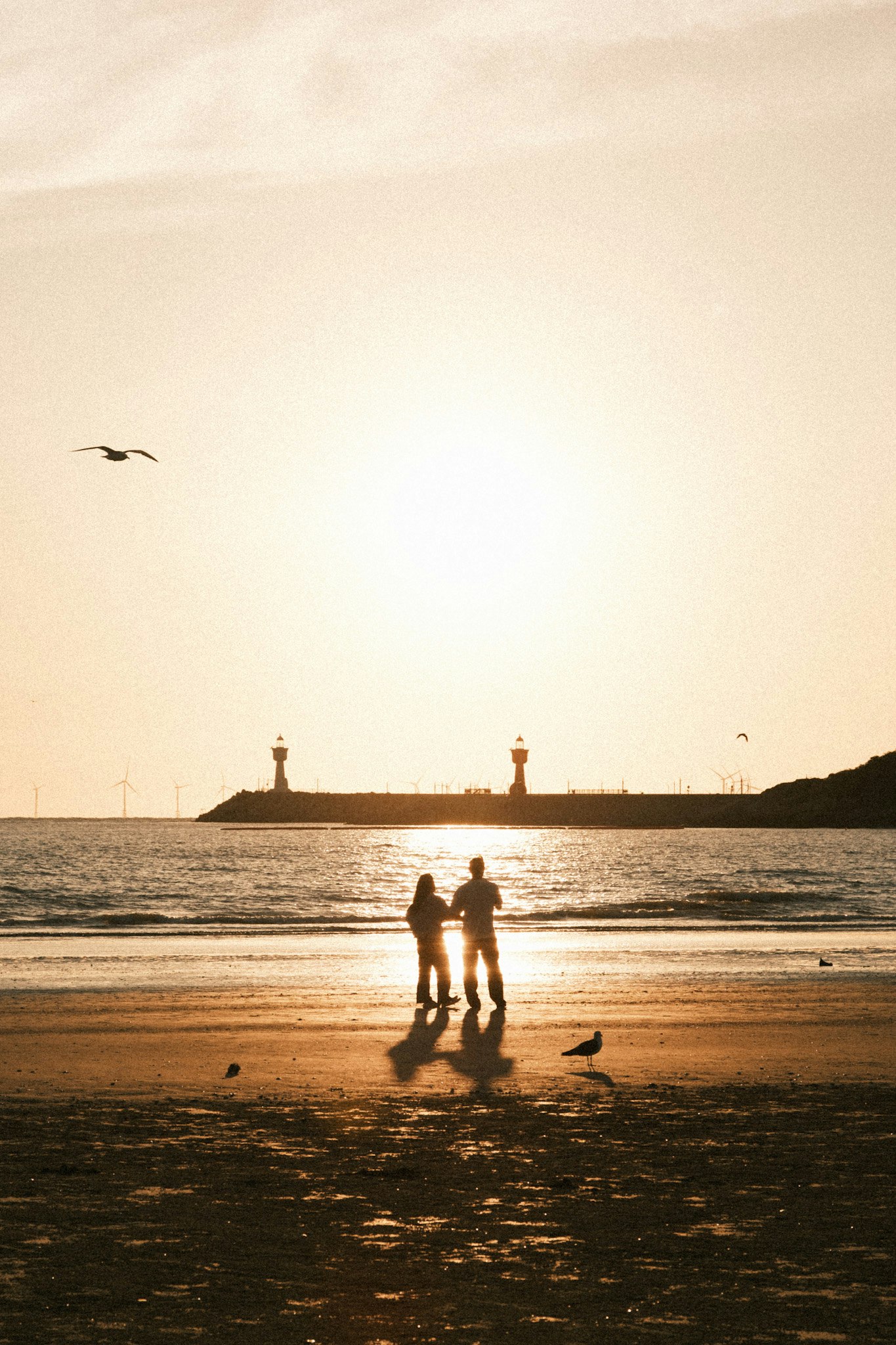 夕日に照らされた海辺で寄り添う2人