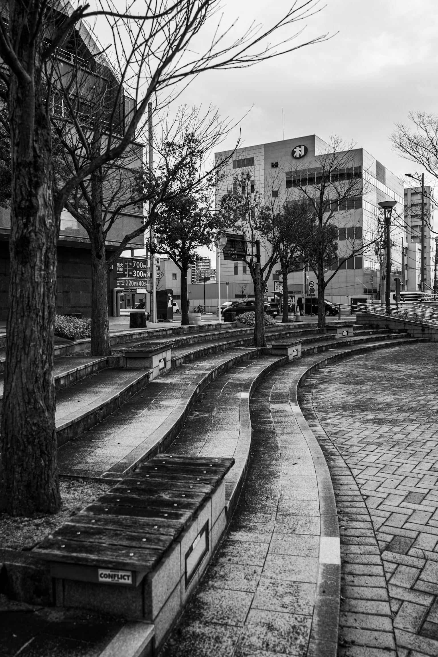 Escena de parque en blanco y negro con bancos curvados y árboles