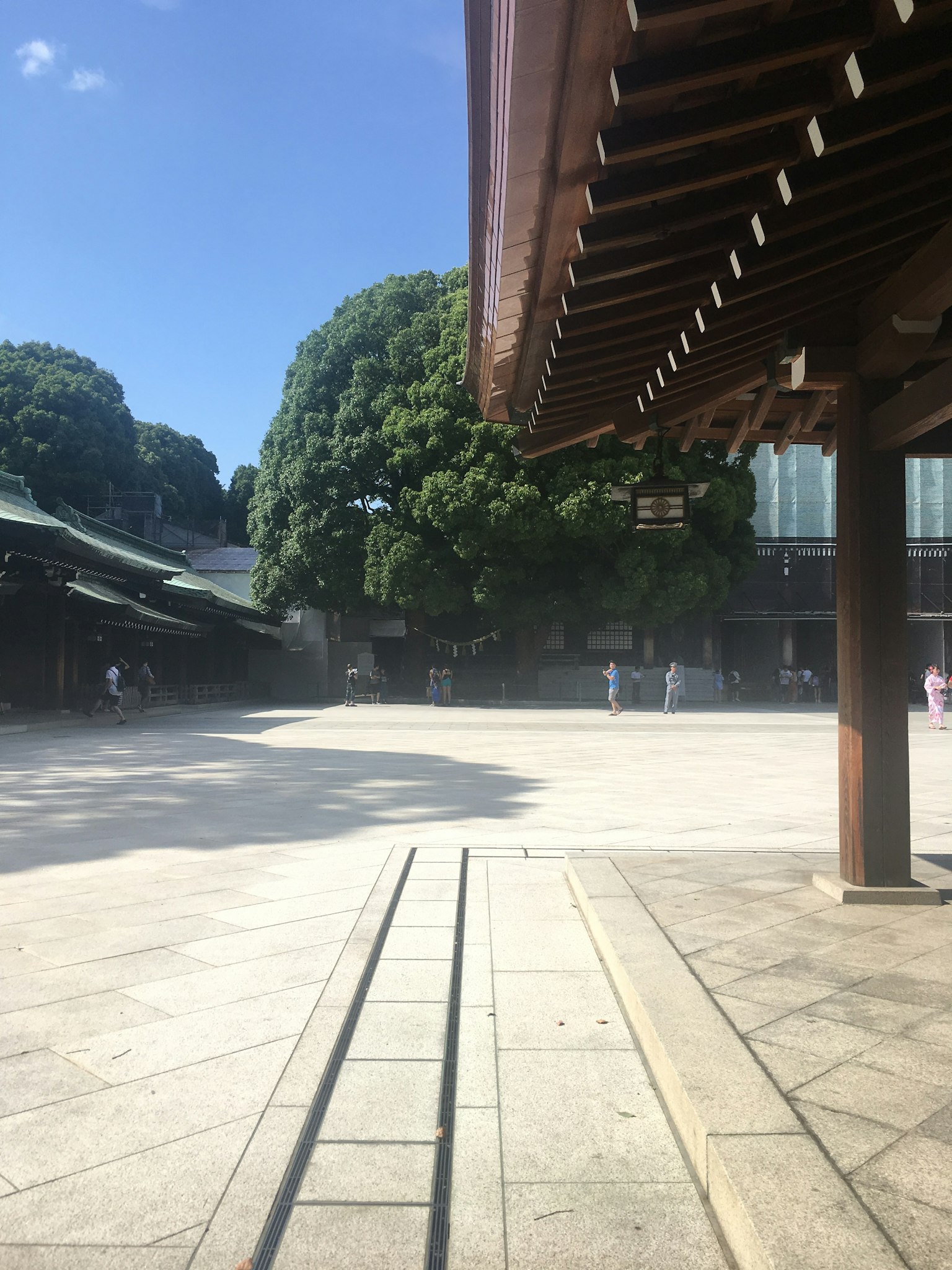 Un espace spacieux avec des arbres et une architecture traditionnelle