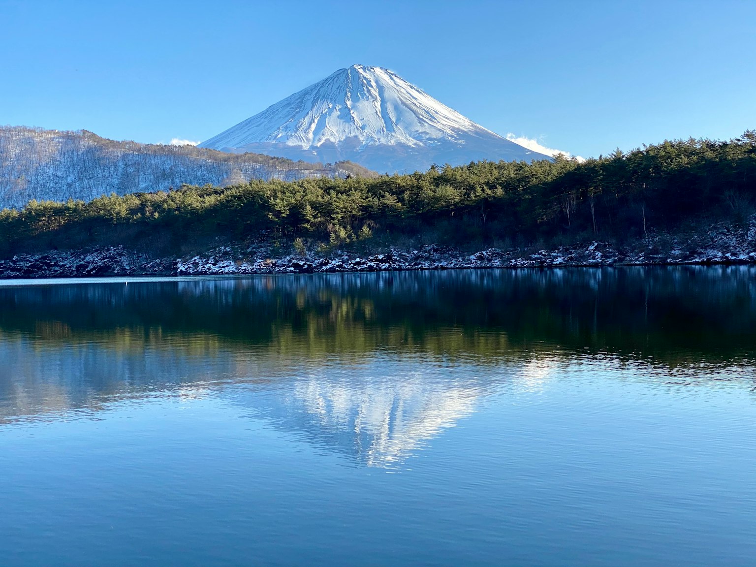 Scenic view of Mount Fuji reflecting on a calm lake