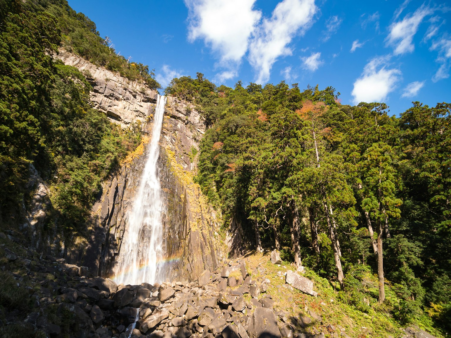 Une magnifique cascade tombant sur des falaises rocheuses entourées d'arbres verts luxuriants