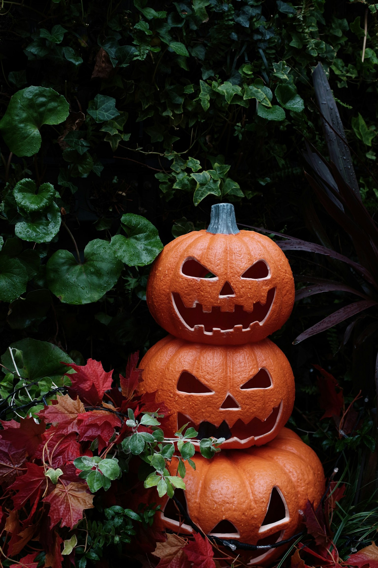 Tres calabazas apiladas con caras talladas rodeadas de follaje verde y rojo