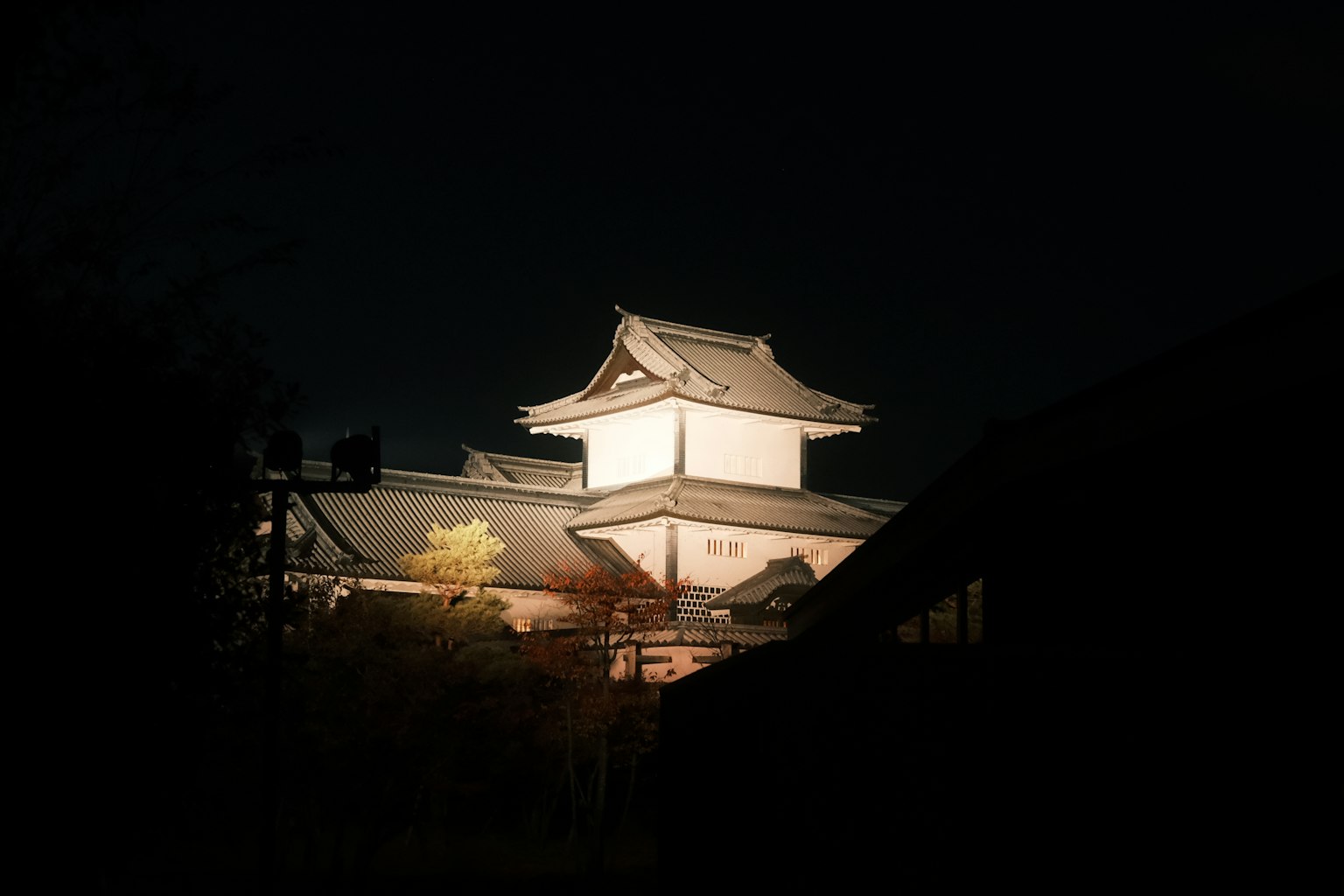Beautiful architecture of a Japanese castle illuminated at night