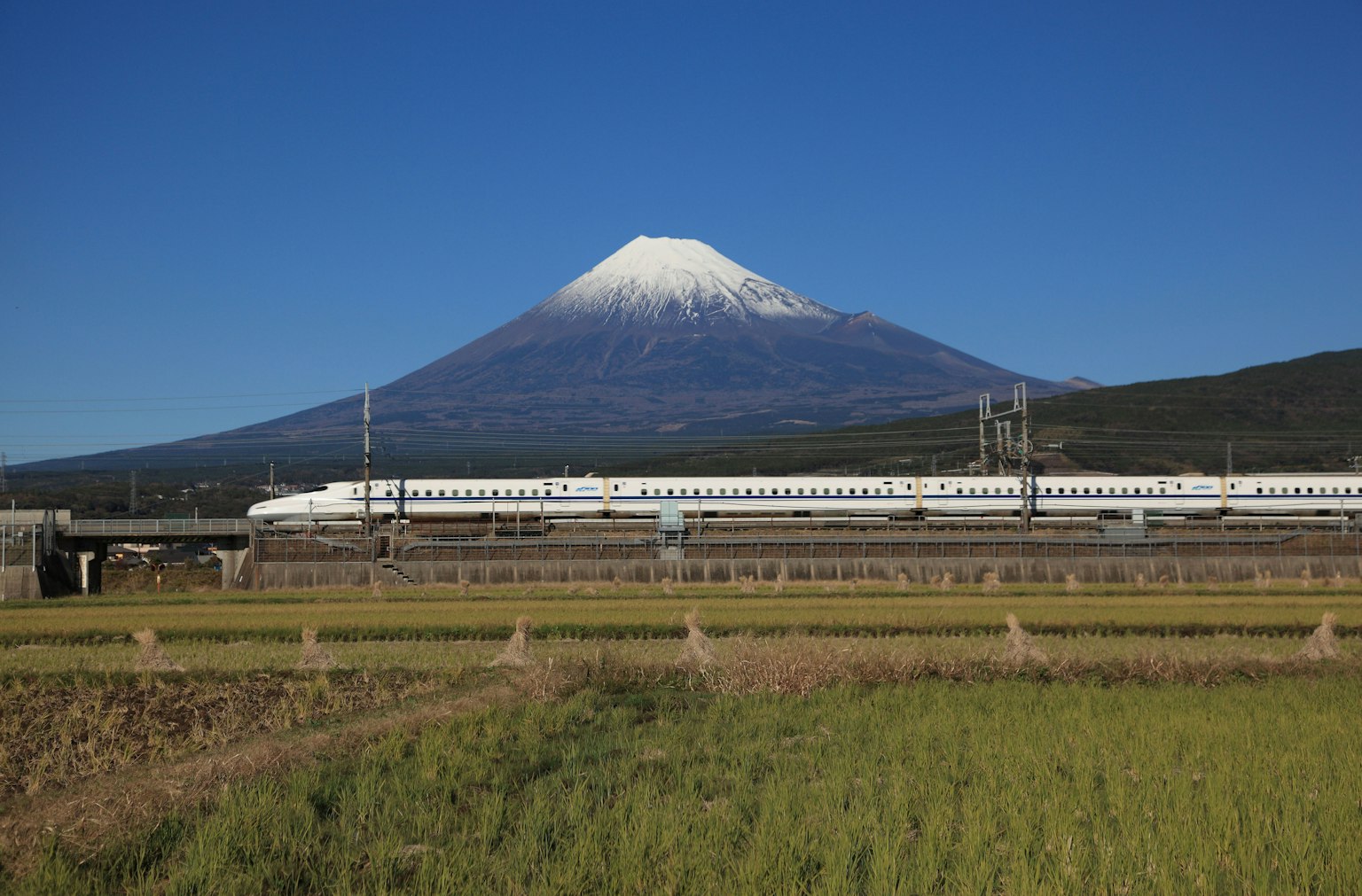 Monte Fuji con Shinkansen y campos de arroz bajo un cielo azul claro