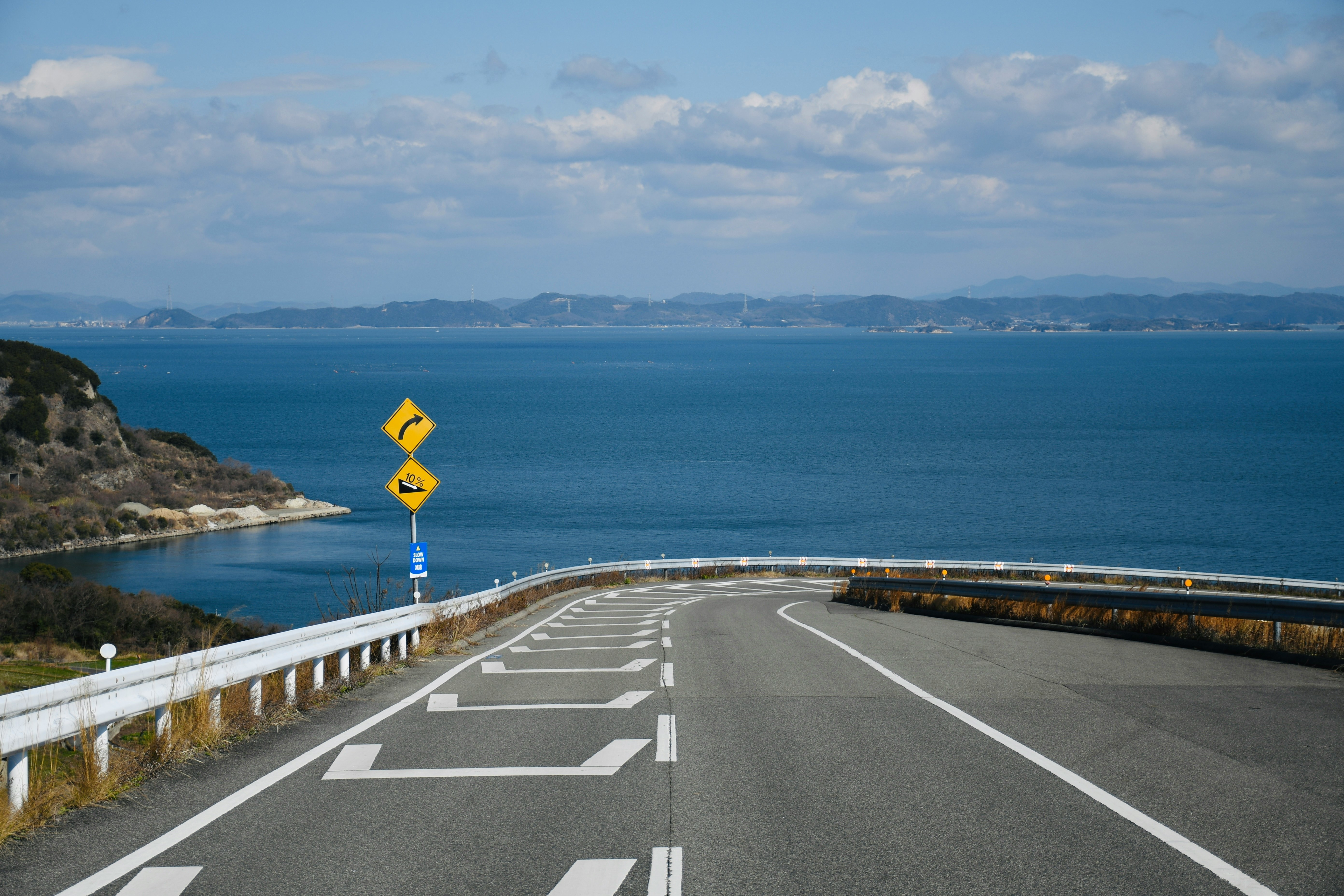 海を望む断崖沿いの道路と白いガードレールの風景