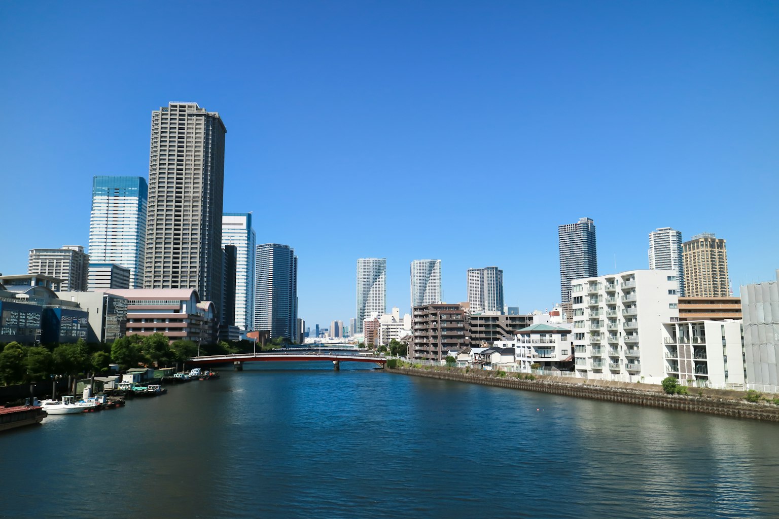 Skyline di una città con grattacieli lungo il fiume sotto un cielo blu