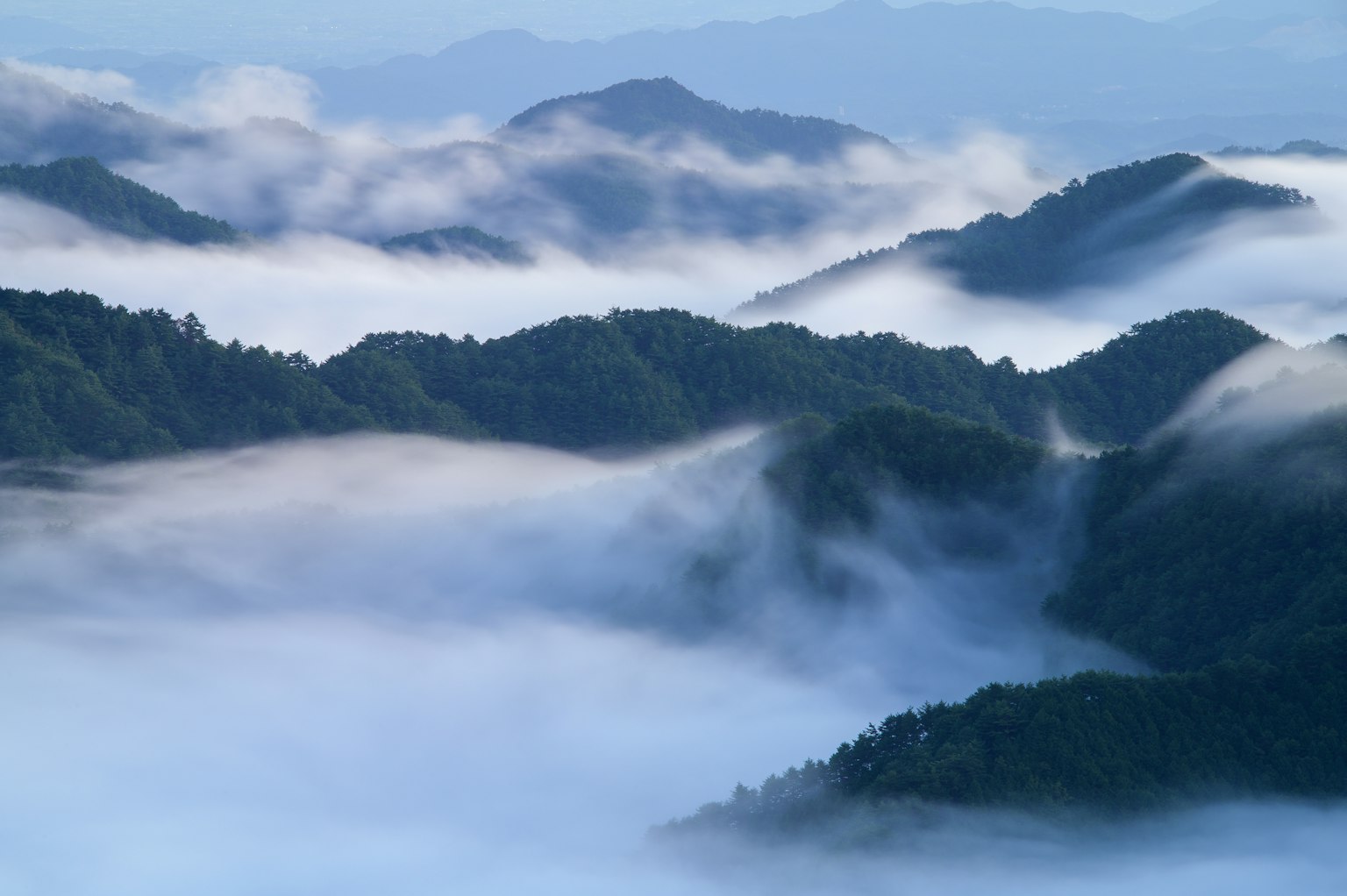 Un hermoso paisaje montañoso envuelto en niebla