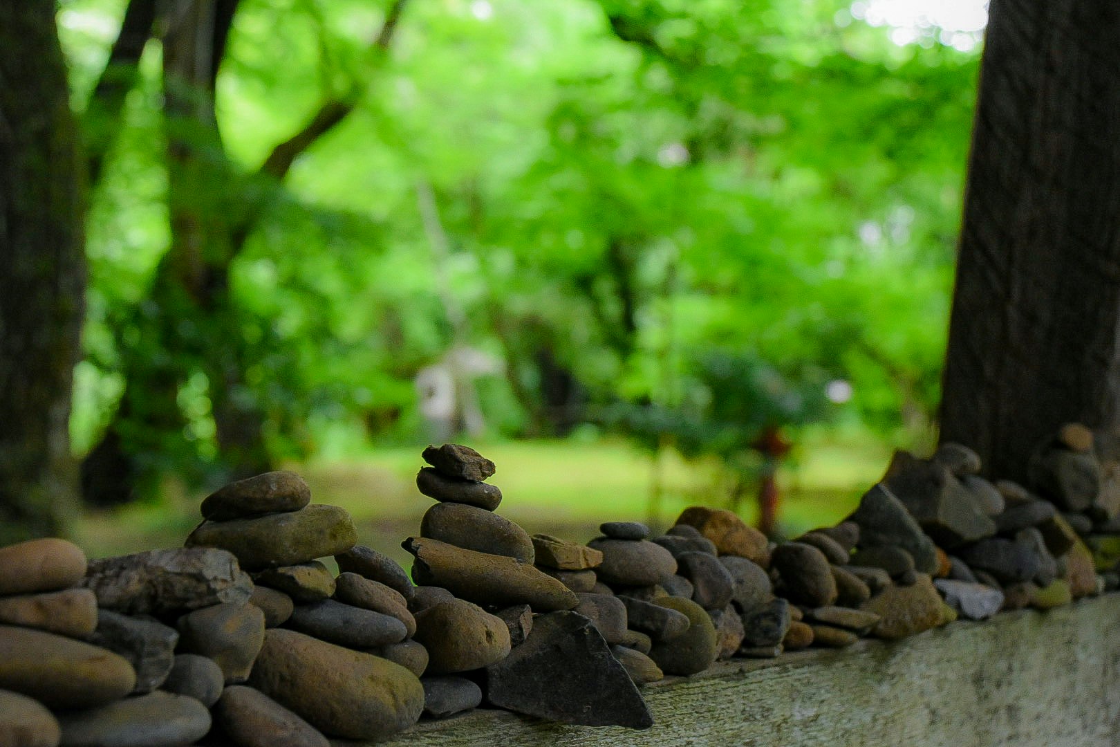stacked stones and a mossy garden path in a tranquil setting