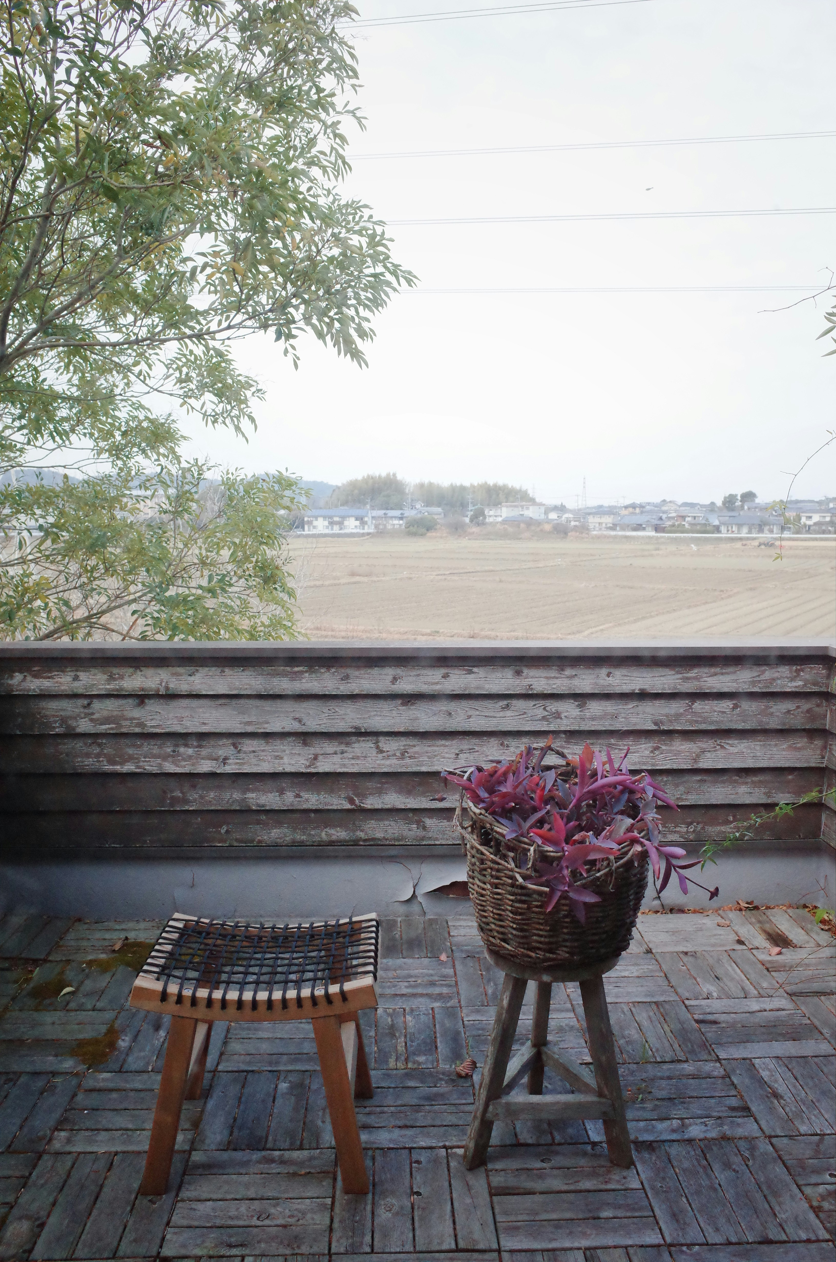 川沿いの広い河川敷を見下ろす木製テラスのベンチと花のバスケット