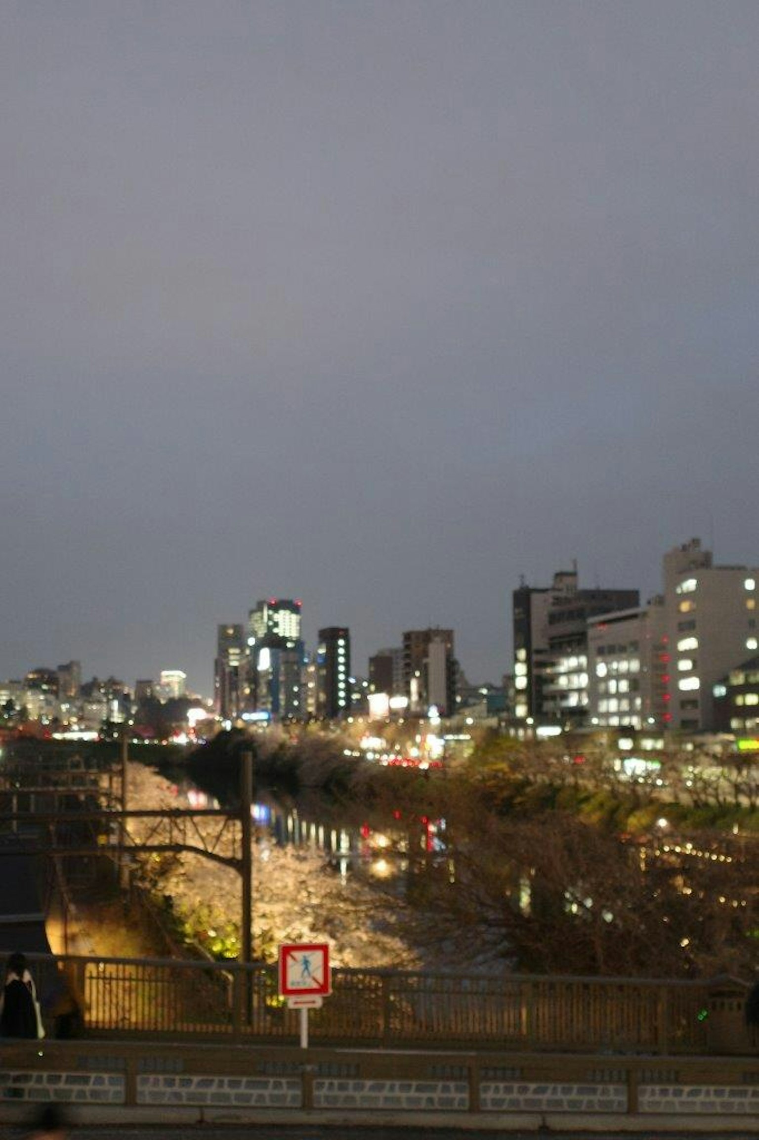 Nighttime cityscape with illuminated buildings and a flowing river