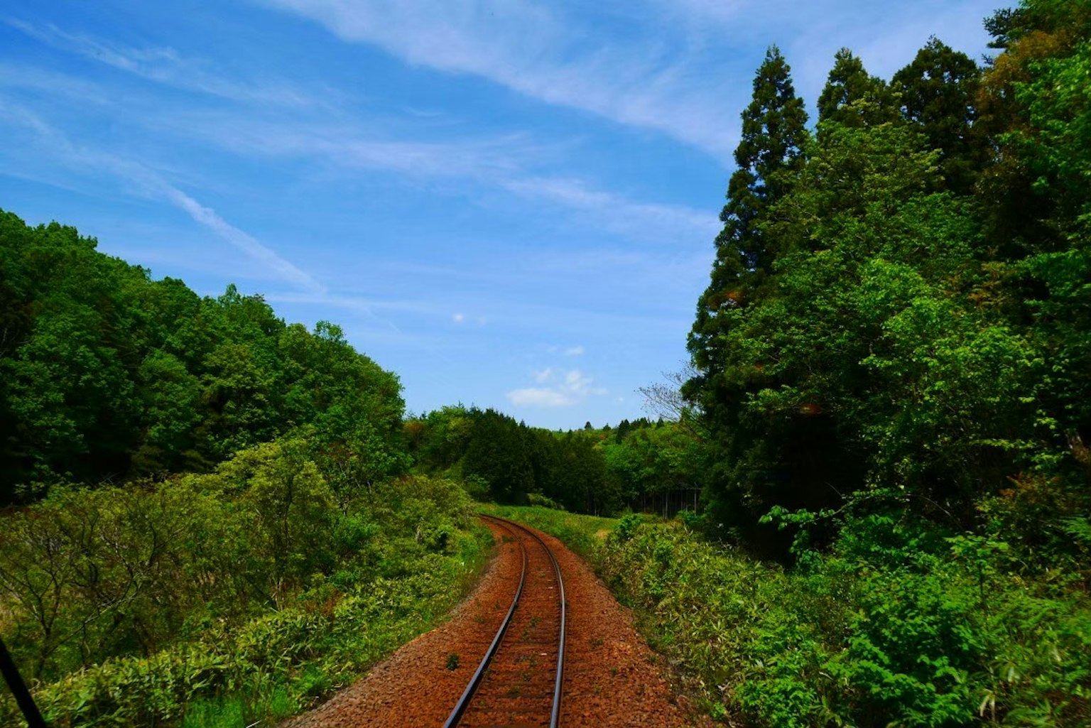 Kurven von Eisenbahnschienen durch üppiges Grün heller blauer Himmel mit weißen Wolken