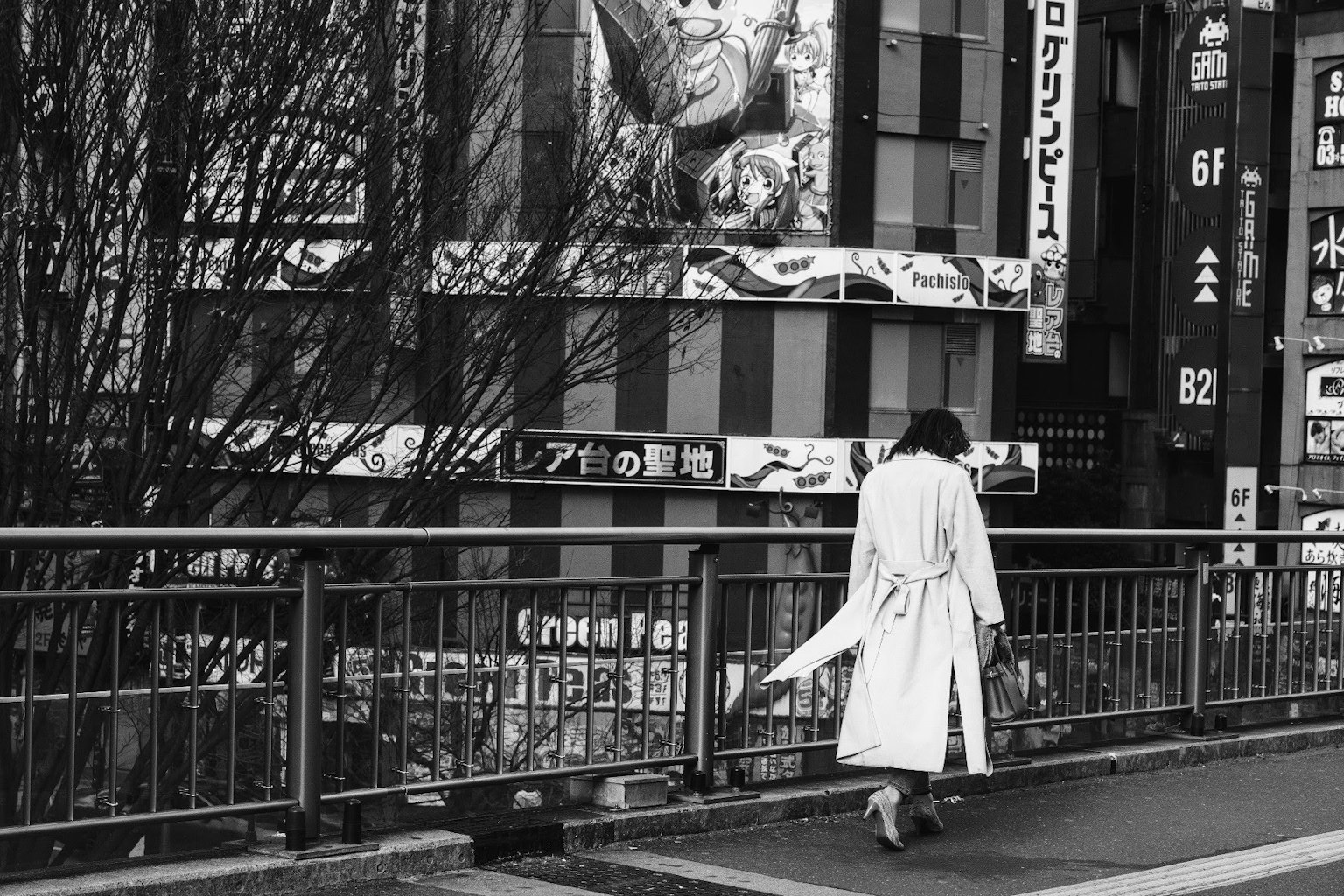 บุคคลในเสื้อโค้ตสีขาวเดินอยู่บนสะพานในฉากโมโนโครม