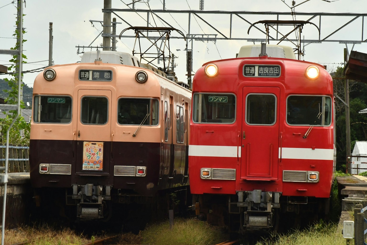 Two trains at a station featuring a pink and a red train