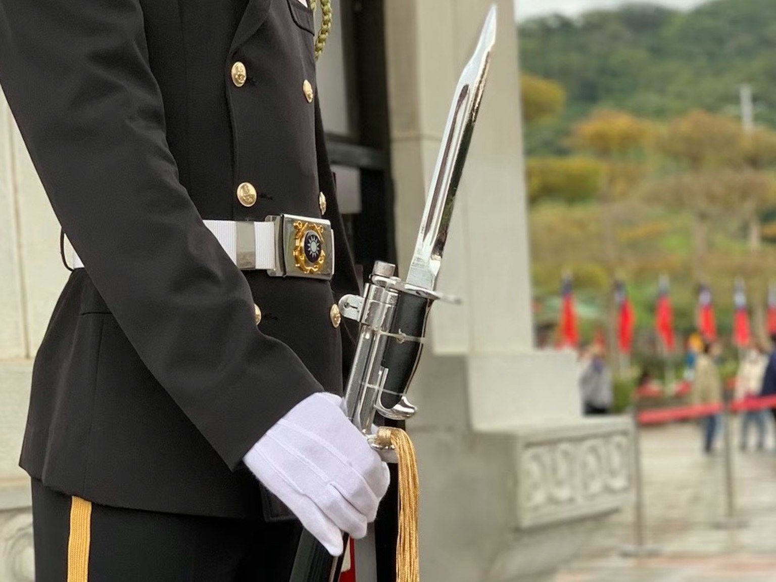 一名仪仗兵穿着正式制服，手持剑，白色手套展示锋利的刀刃和金色装饰