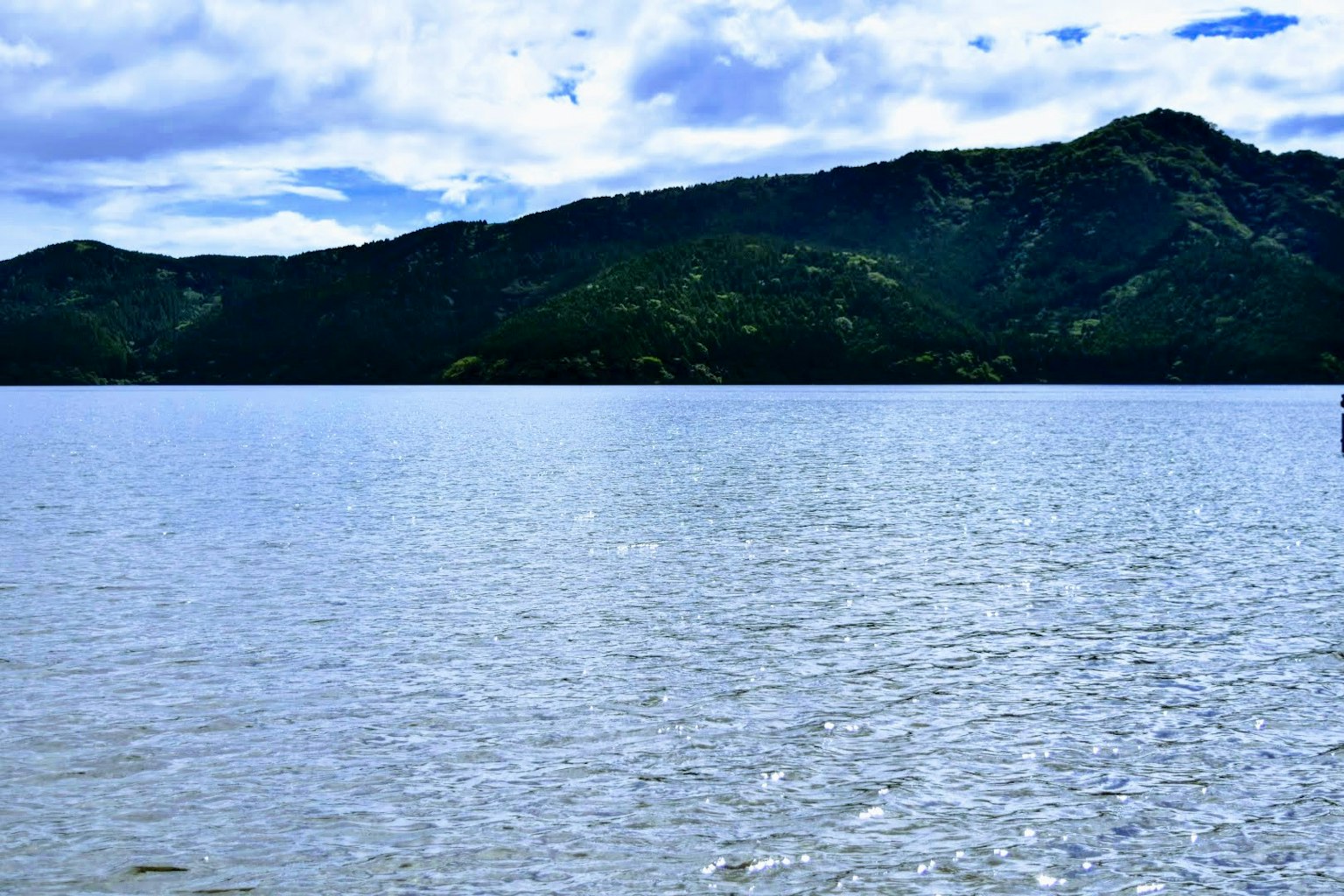 Vue pittoresque d'un lac bleu avec des montagnes vertes en arrière-plan