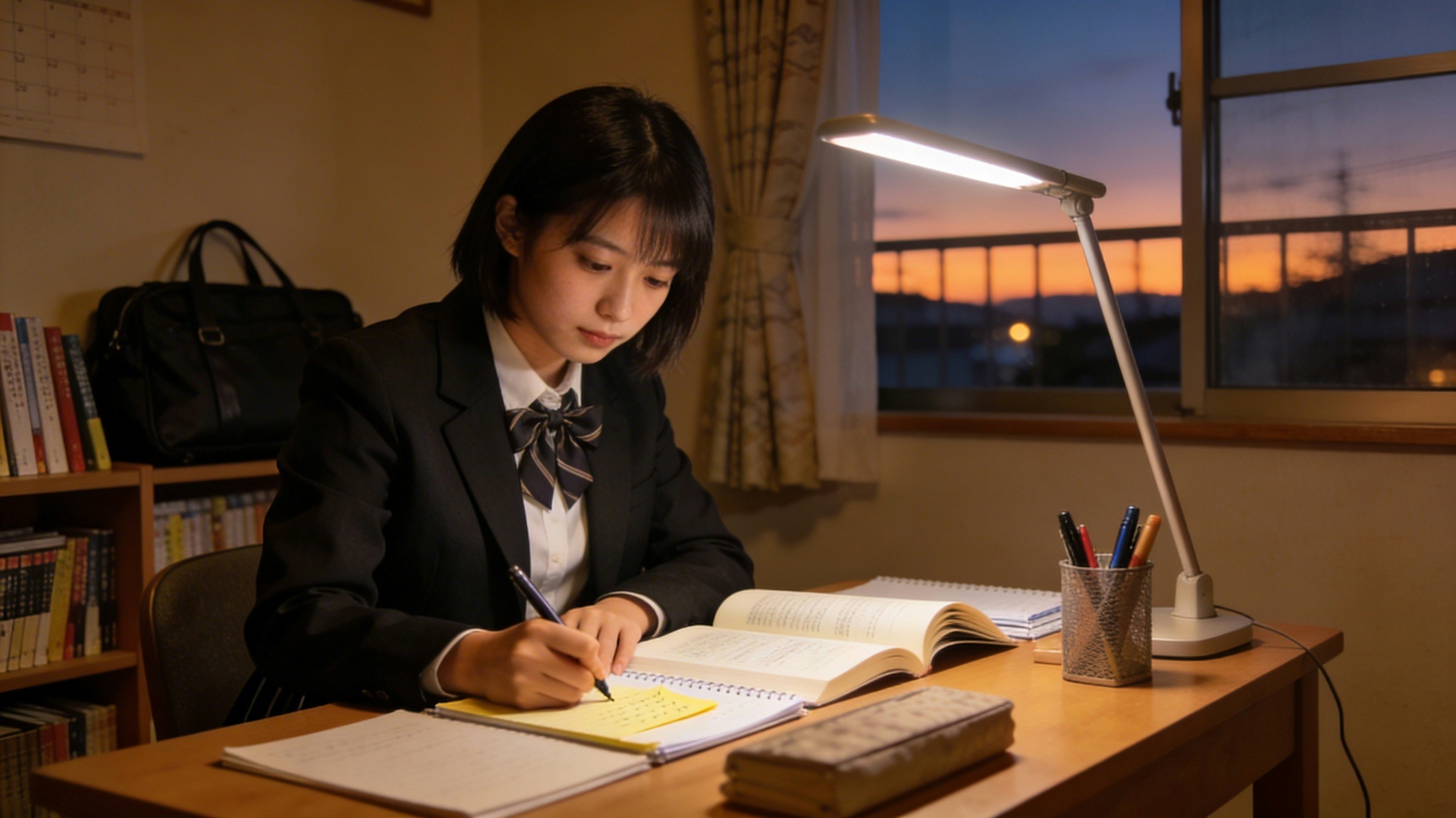 自室で勉強する学生の机上の学習風景