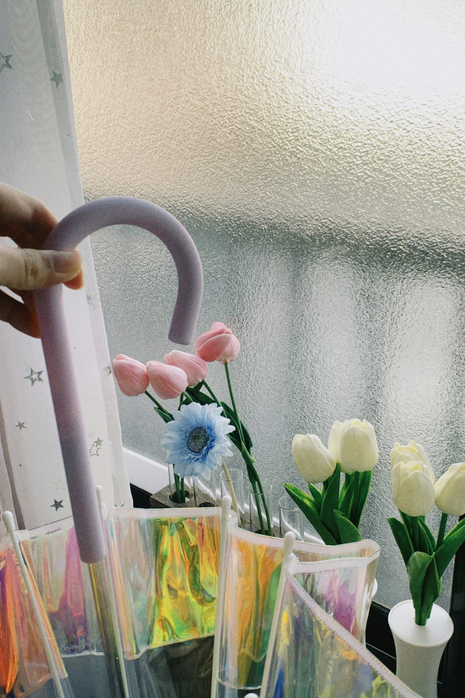 Hand, die einen lila Strohhalm hält, mit bunten Blumen in transparenten Behältern