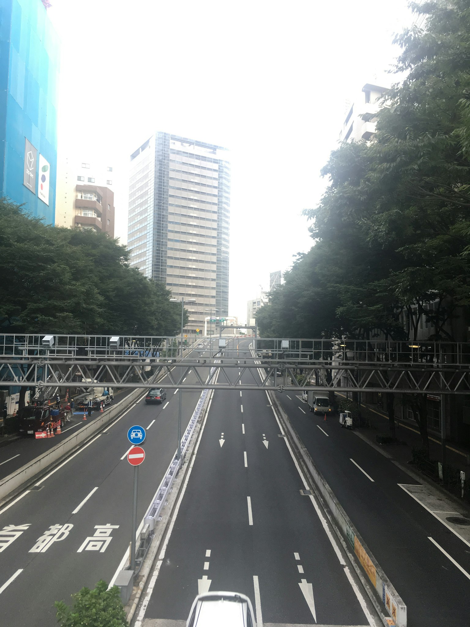 Escena de carretera urbana rodeada de rascacielos y vegetación