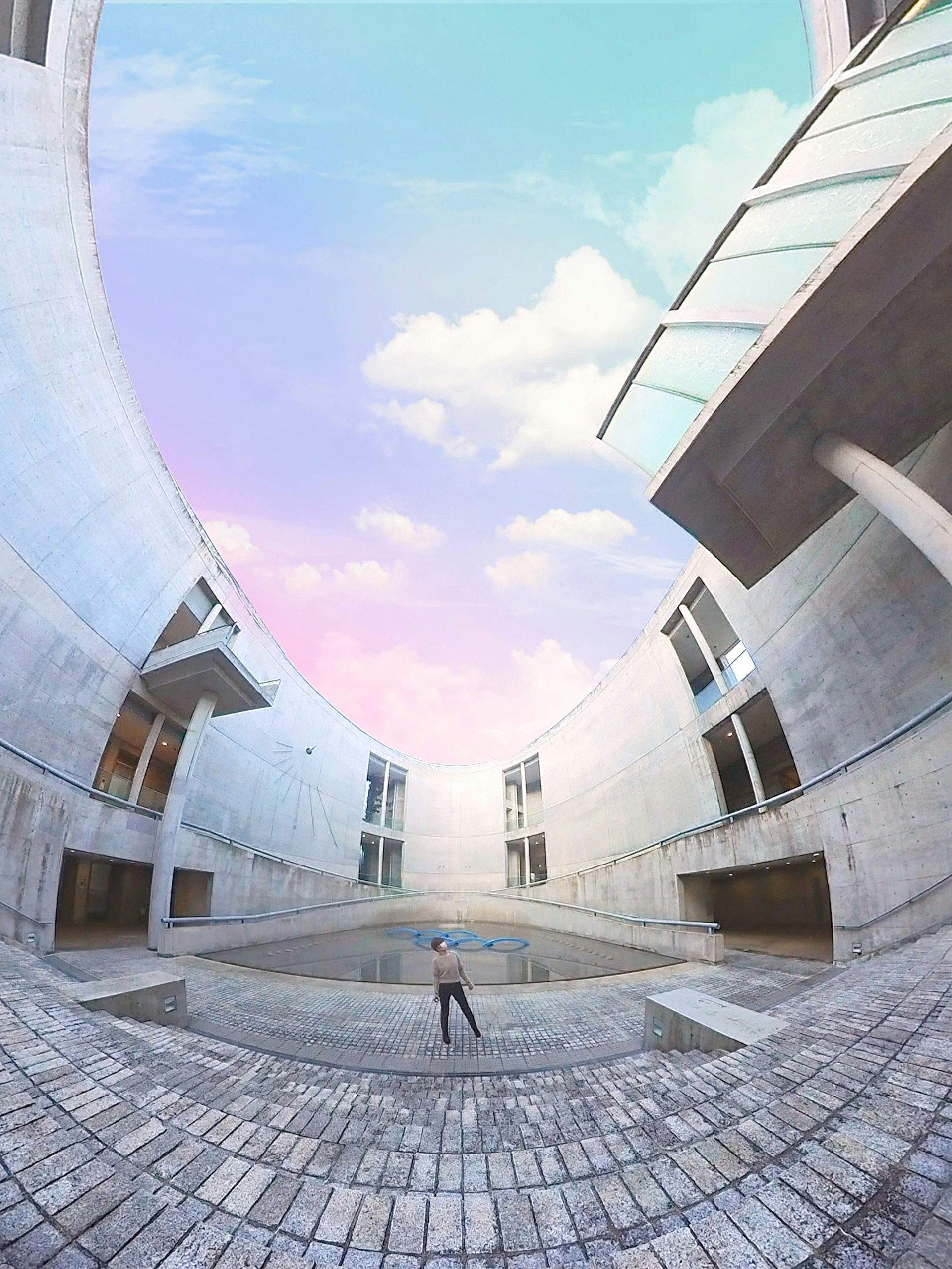 Awaji Yume Butai’s Hyakudan-en circular courtyard viewed from below