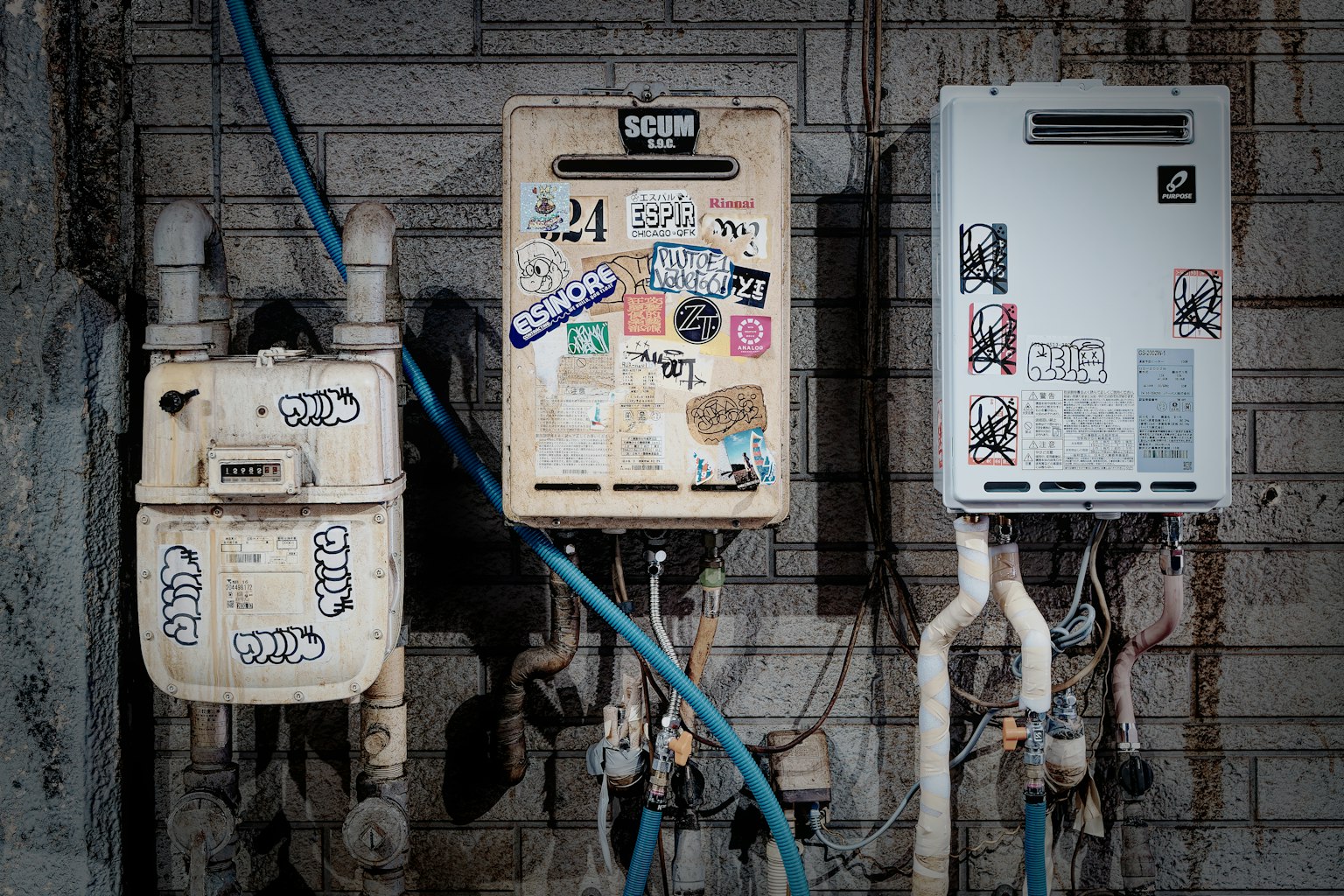 Photo de vieux chauffe-eau montés sur un mur avec des autocollants et des tuyaux visibles