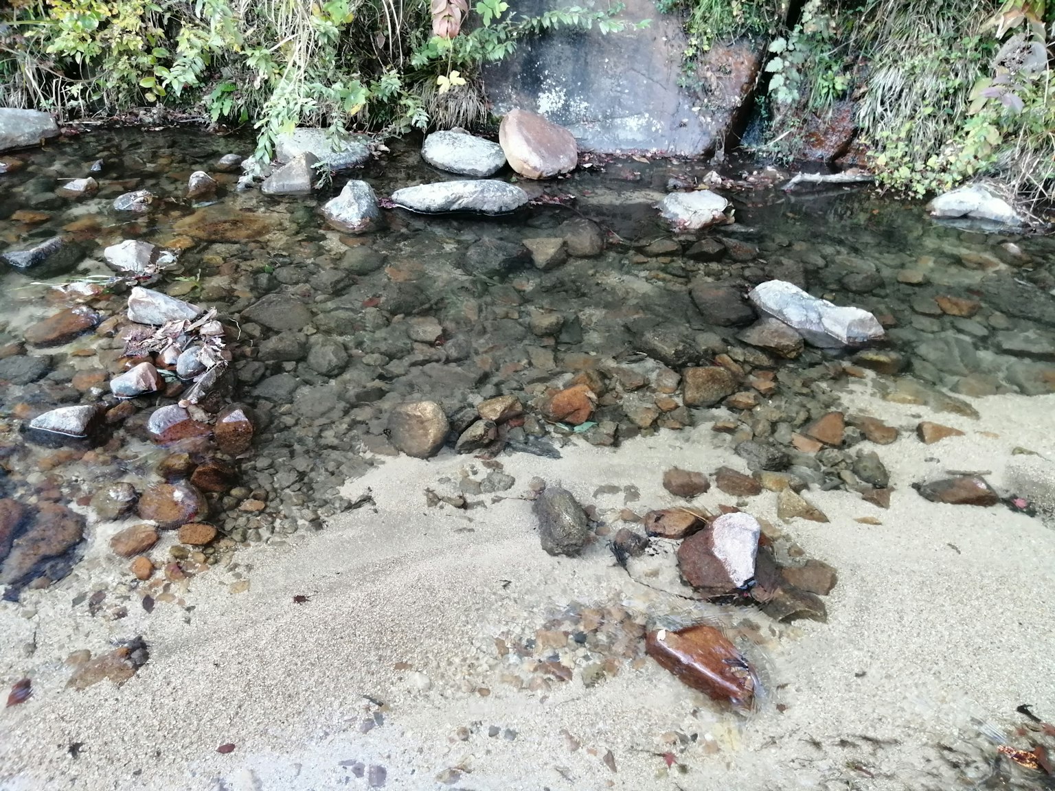 一條淺流清澈的溪流，沙灘光滑，石頭各異